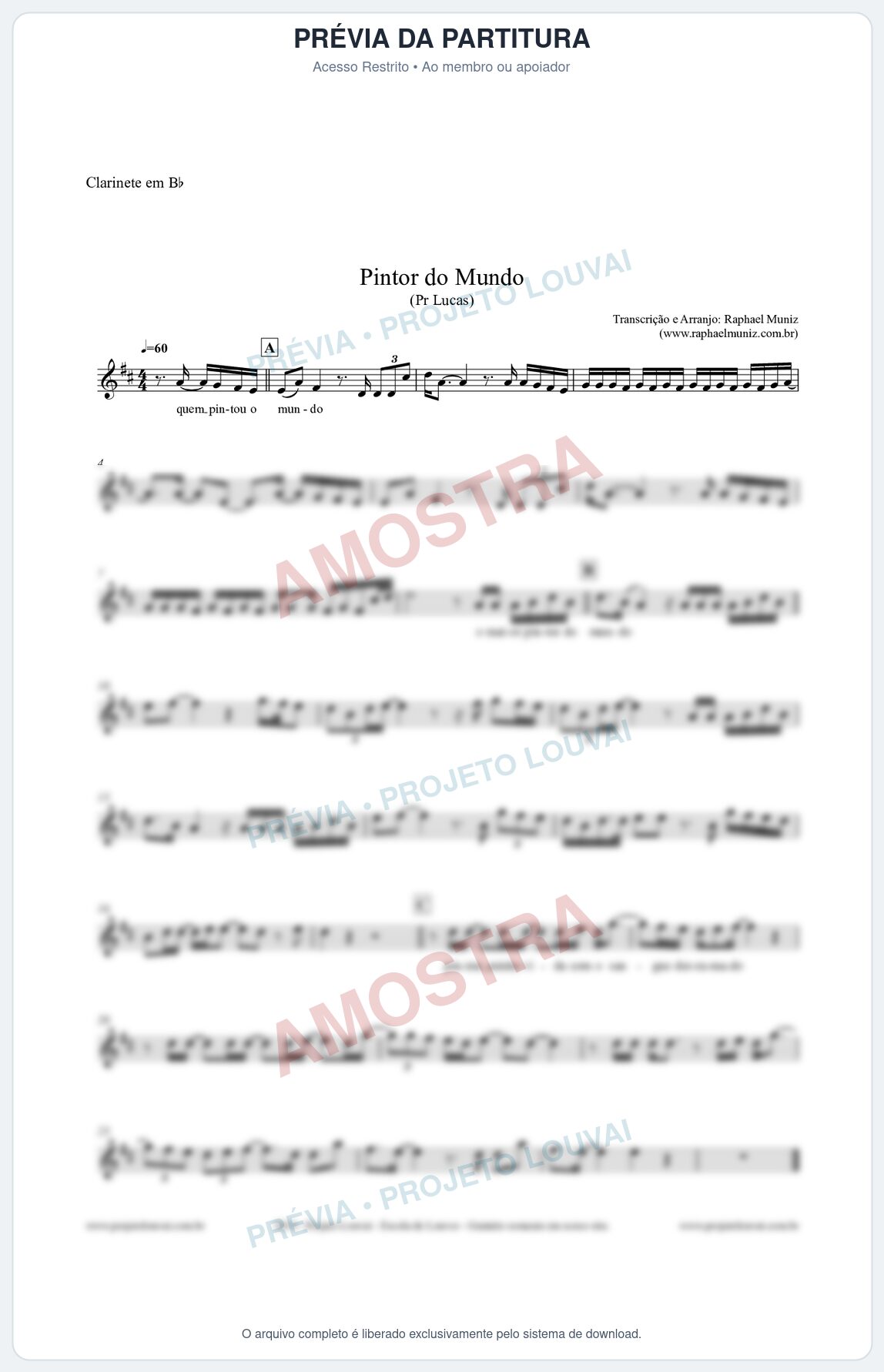 Prévia protegida da primeira página da partitura Partitura para Clarinete em Bb - Pintor do Mundo - Pr. Lucas