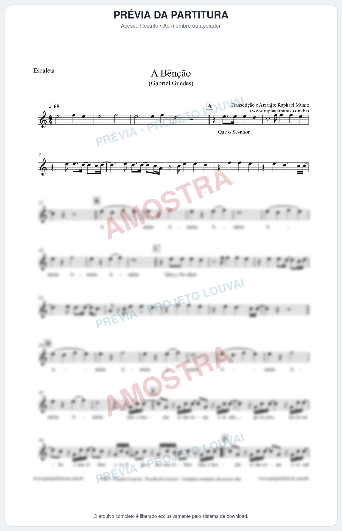 Prévia protegida da primeira página da partitura Partitura para Escaleta - A Bênção - Gabriel Guedes