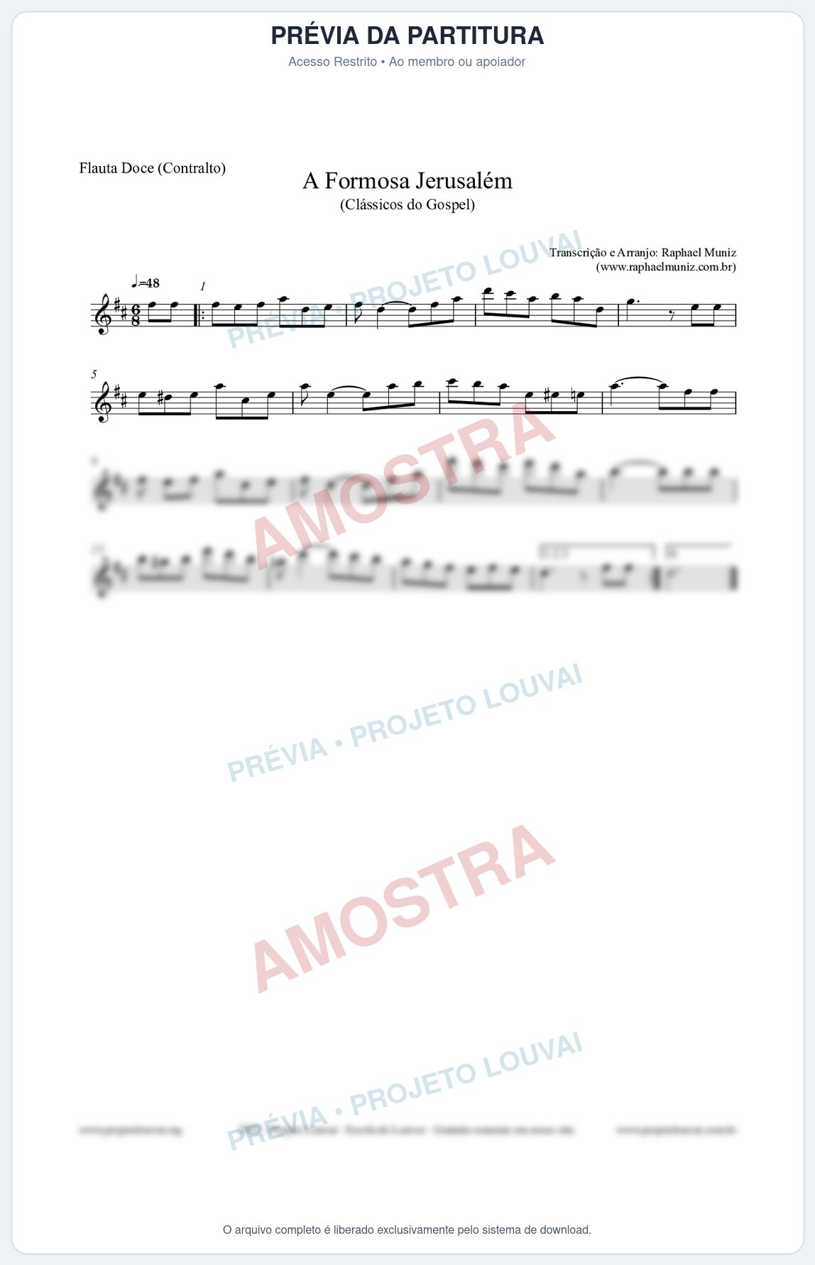 Prévia protegida da primeira página da partitura Partitura para Flauta Doce (Contralto) - A Formosa Jerusalém - Harpa Cristã nº26 - Clássicos do Gospel