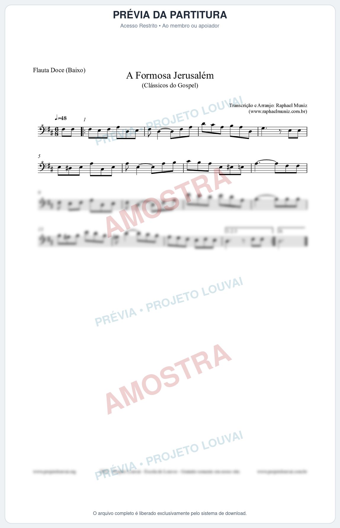 Prévia protegida da primeira página da partitura Partitura para Flauta Doce (Baixo) - A Formosa Jerusalém - Harpa Cristã nº26 - Clássicos do Gospel