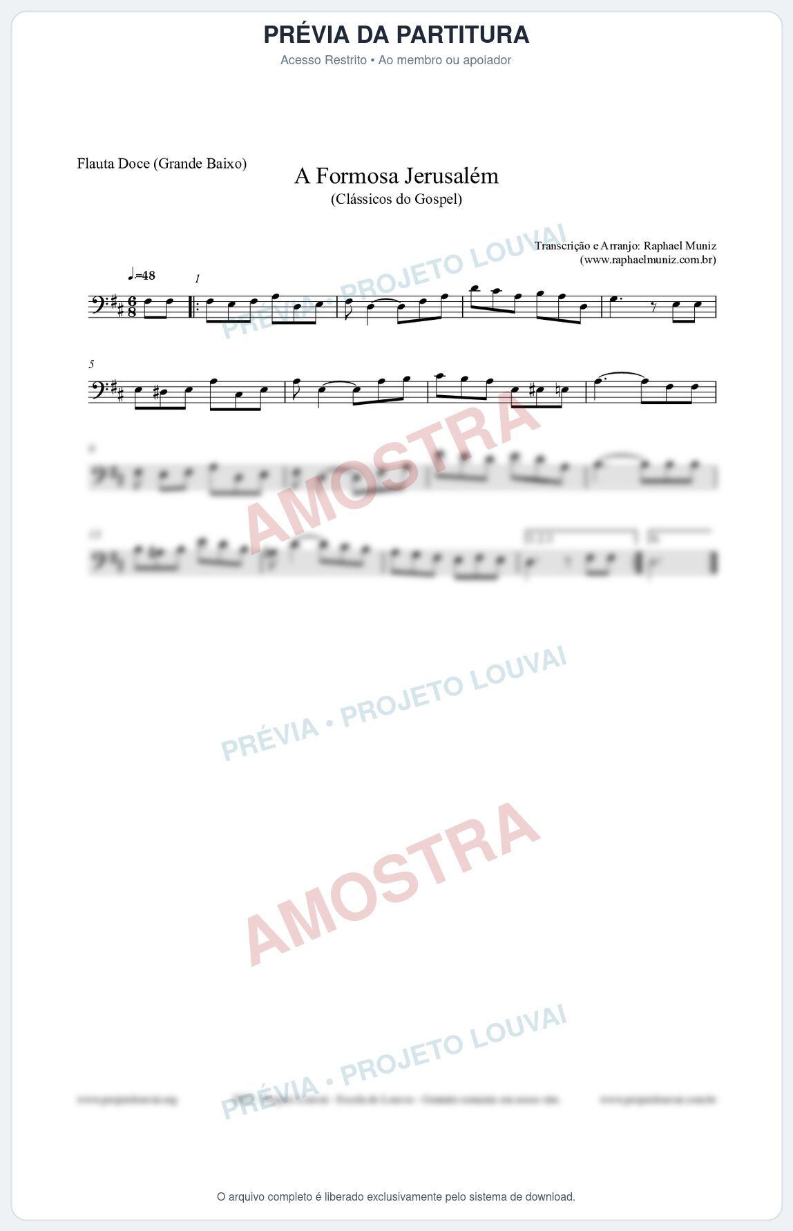 Prévia protegida da primeira página da partitura Partitura para Flauta Doce (Grande Baixo) - A Formosa Jerusalém - Harpa Cristã nº26 - Clássicos do Gospel