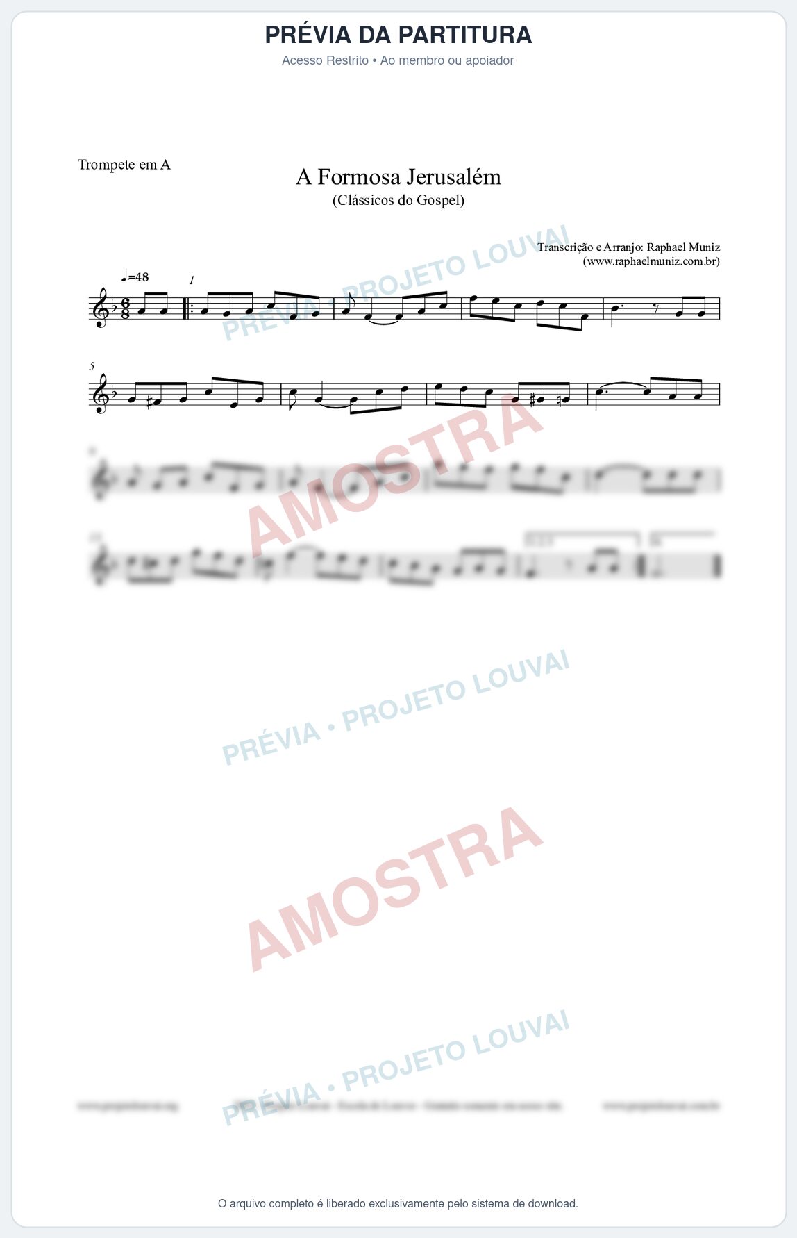 Prévia protegida da primeira página da partitura Partitura para Trompete em A - A Formosa Jerusalém - Harpa Cristã nº26 - Clássicos do Gospel