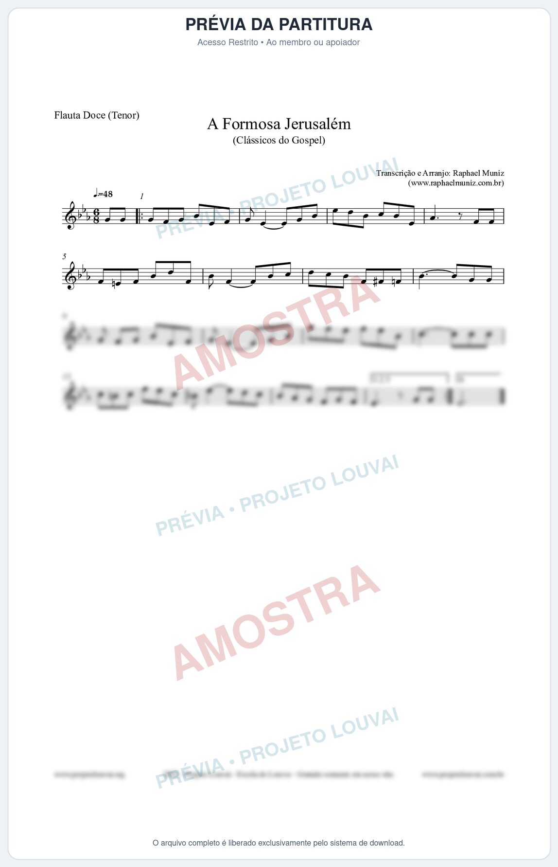 Prévia protegida da primeira página da partitura Partitura para Flauta Doce (Tenor) - A Formosa Jerusalém - Harpa Cristã nº26 - Clássicos do Gospel