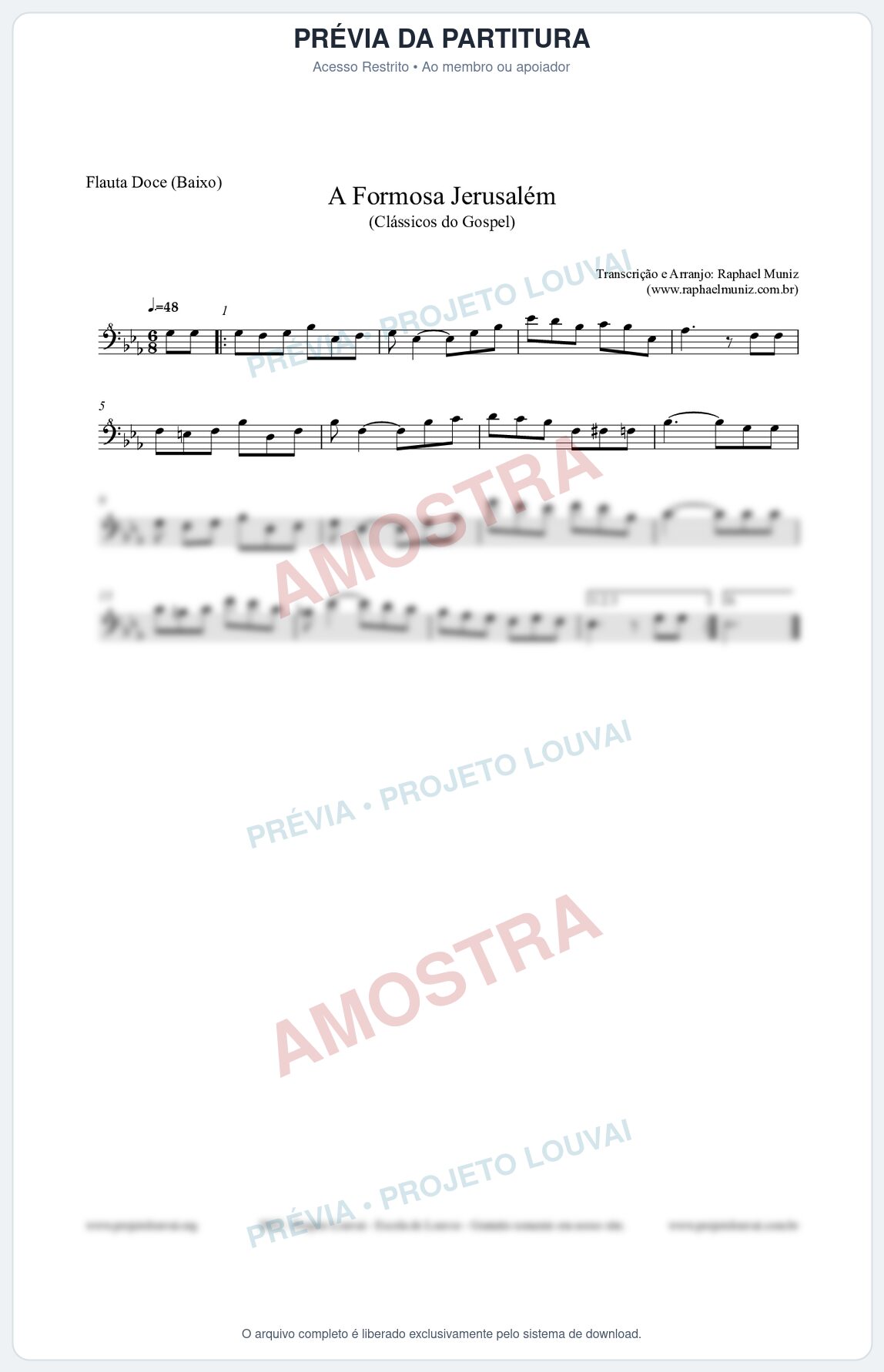 Prévia protegida da primeira página da partitura Partitura para Flauta Doce (Baixo) - A Formosa Jerusalém - Harpa Cristã nº26 - Clássicos do Gospel
