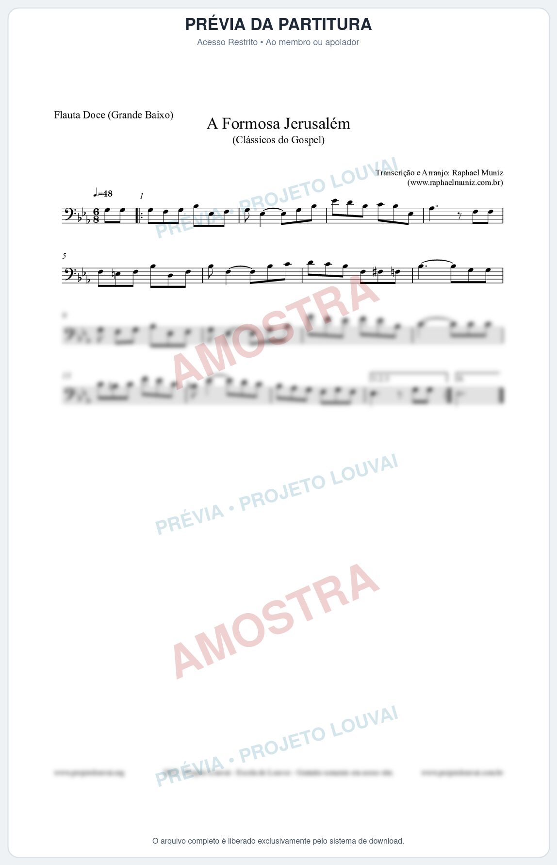 Prévia protegida da primeira página da partitura Partitura para Flauta Doce (Grande Baixo) - A Formosa Jerusalém - Harpa Cristã nº26 - Clássicos do Gospel
