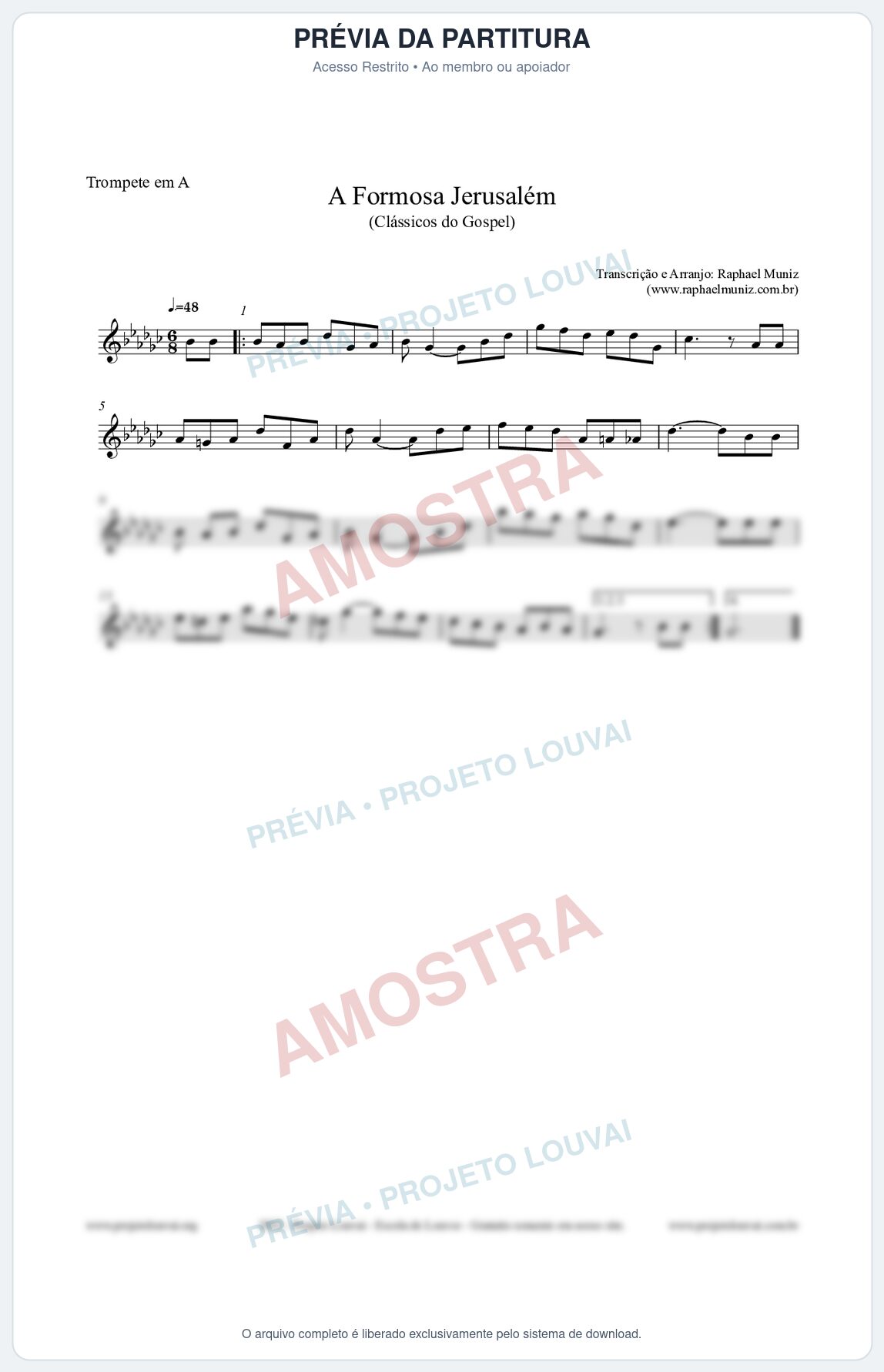 Prévia protegida da primeira página da partitura Partitura para Trompete em A - A Formosa Jerusalém - Harpa Cristã nº26 - Clássicos do Gospel
