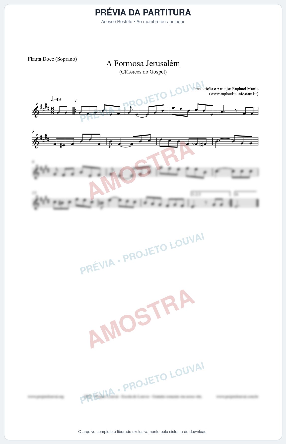 Prévia protegida da primeira página da partitura Partitura para Flauta Doce (Soprano) - A Formosa Jerusalém - Harpa Cristã nº26 - Clássicos do Gospel