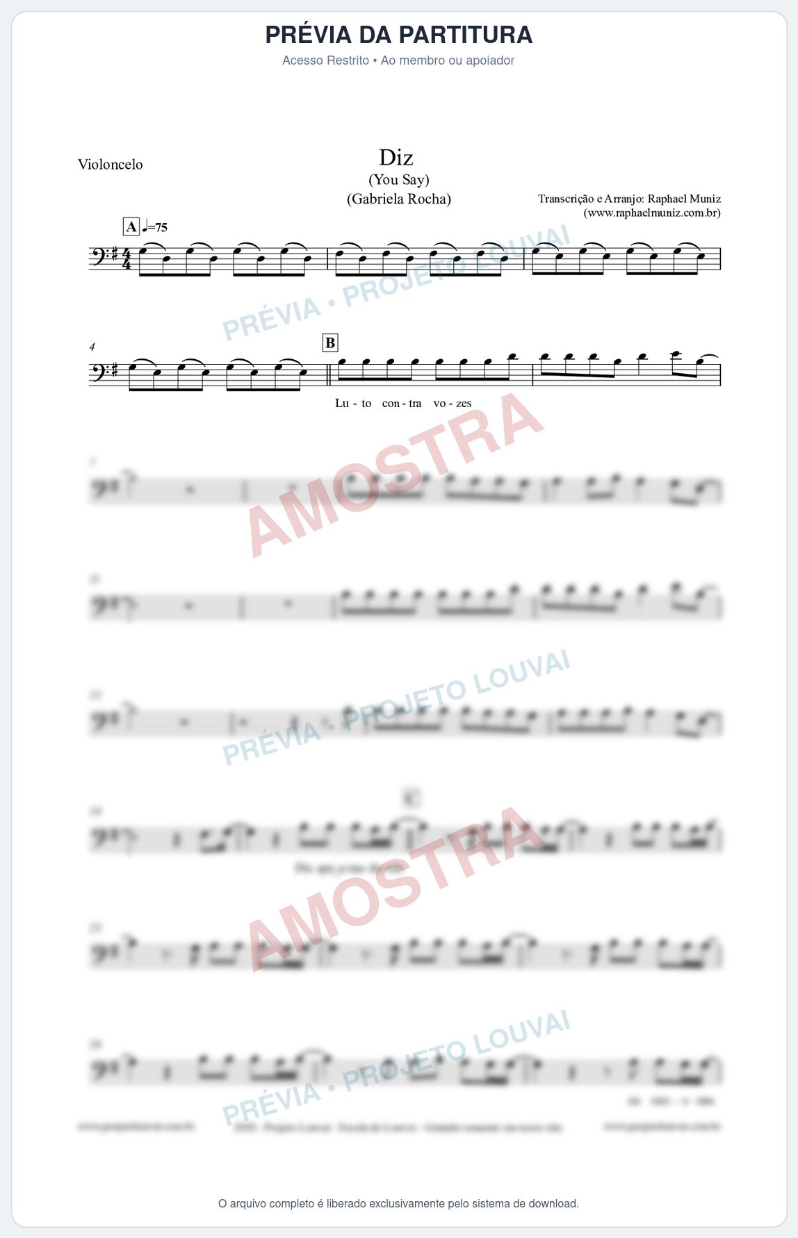 Prévia protegida da primeira página da partitura Partitura para Violoncelo - Diz (You Say) - Gabriela Rocha