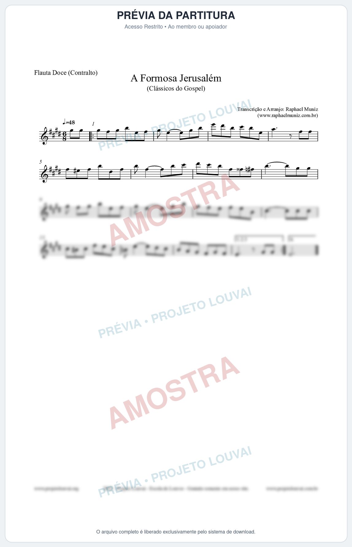 Prévia protegida da primeira página da partitura Partitura para Flauta Doce (Contralto) - A Formosa Jerusalém - Harpa Cristã nº26 - Clássicos do Gospel