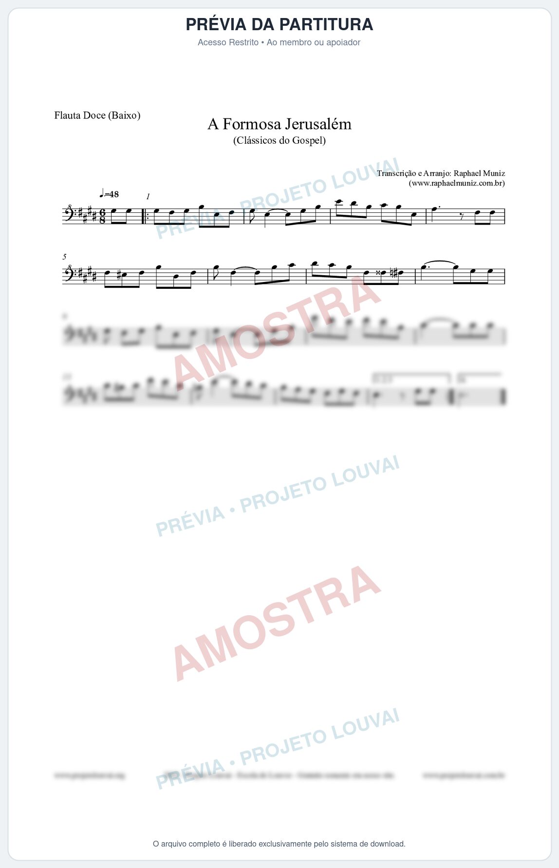 Prévia protegida da primeira página da partitura Partitura para Flauta Doce (Baixo) - A Formosa Jerusalém - Harpa Cristã nº26 - Clássicos do Gospel