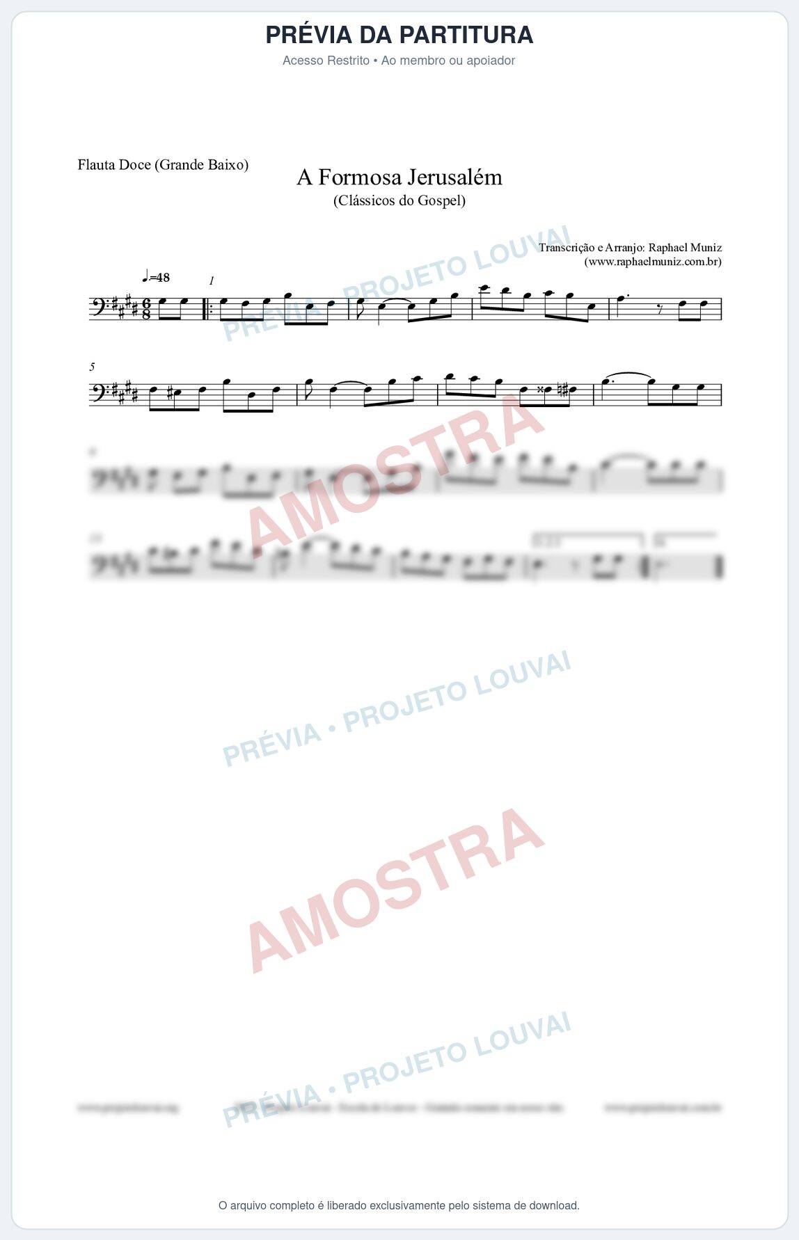 Prévia protegida da primeira página da partitura Partitura para Flauta Doce (Grande Baixo) - A Formosa Jerusalém - Harpa Cristã nº26 - Clássicos do Gospel