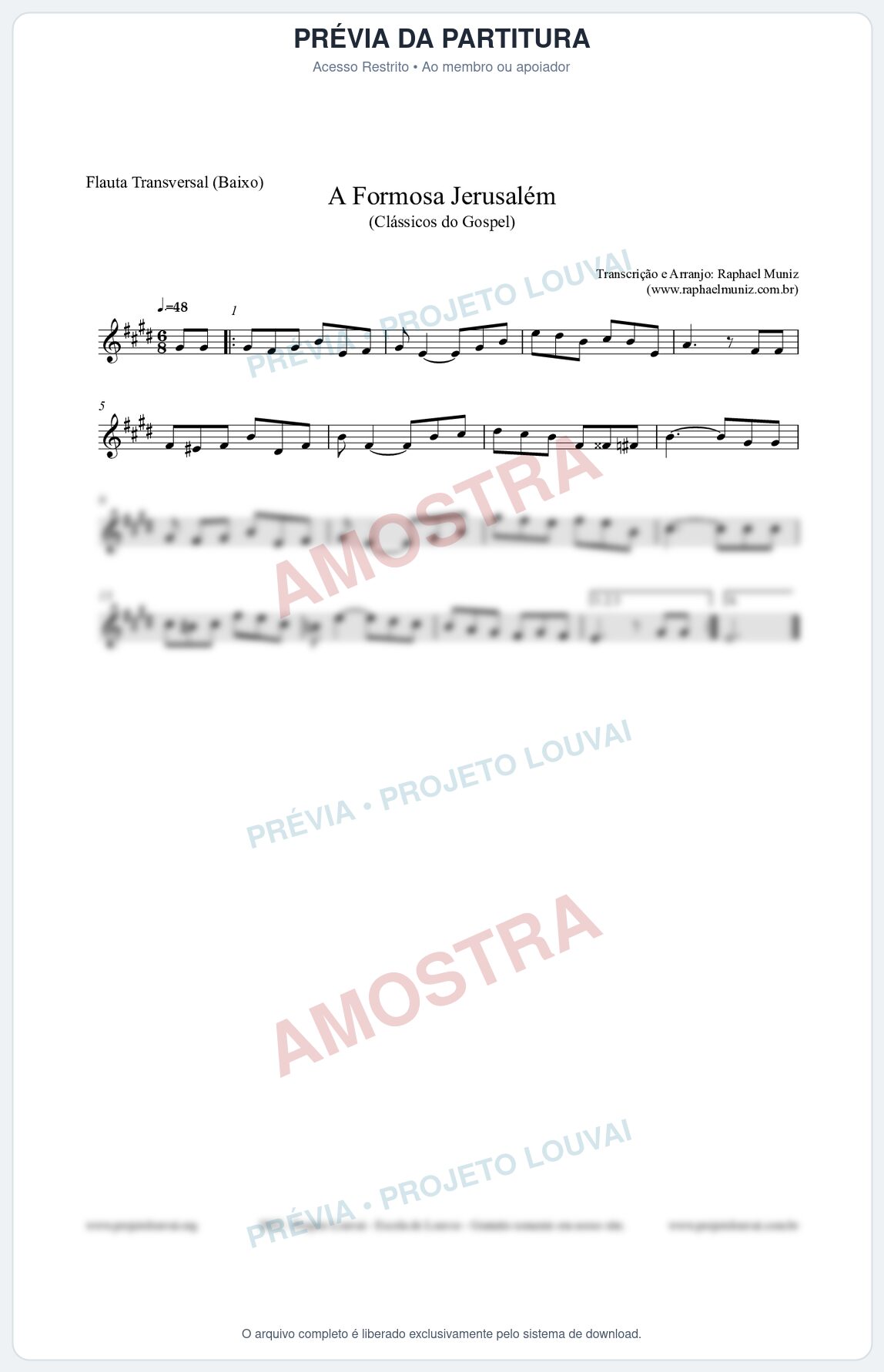 Prévia protegida da primeira página da partitura Partitura para Flauta Transversal (Baixo) - A Formosa Jerusalém - Harpa Cristã nº26 - Clássicos do Gospel
