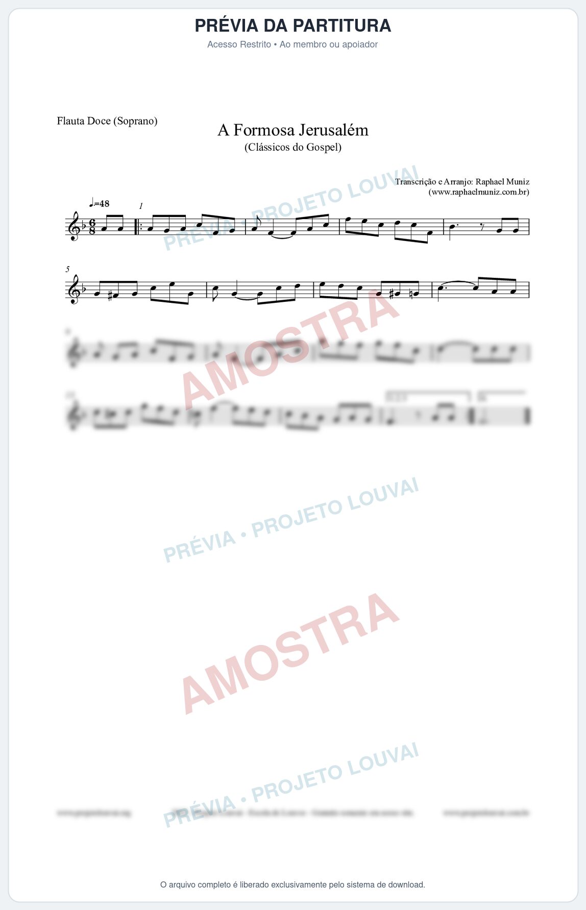 Prévia protegida da primeira página da partitura Partitura para Flauta Doce (Soprano) - A Formosa Jerusalém - Harpa Cristã nº26 - Clássicos do Gospel