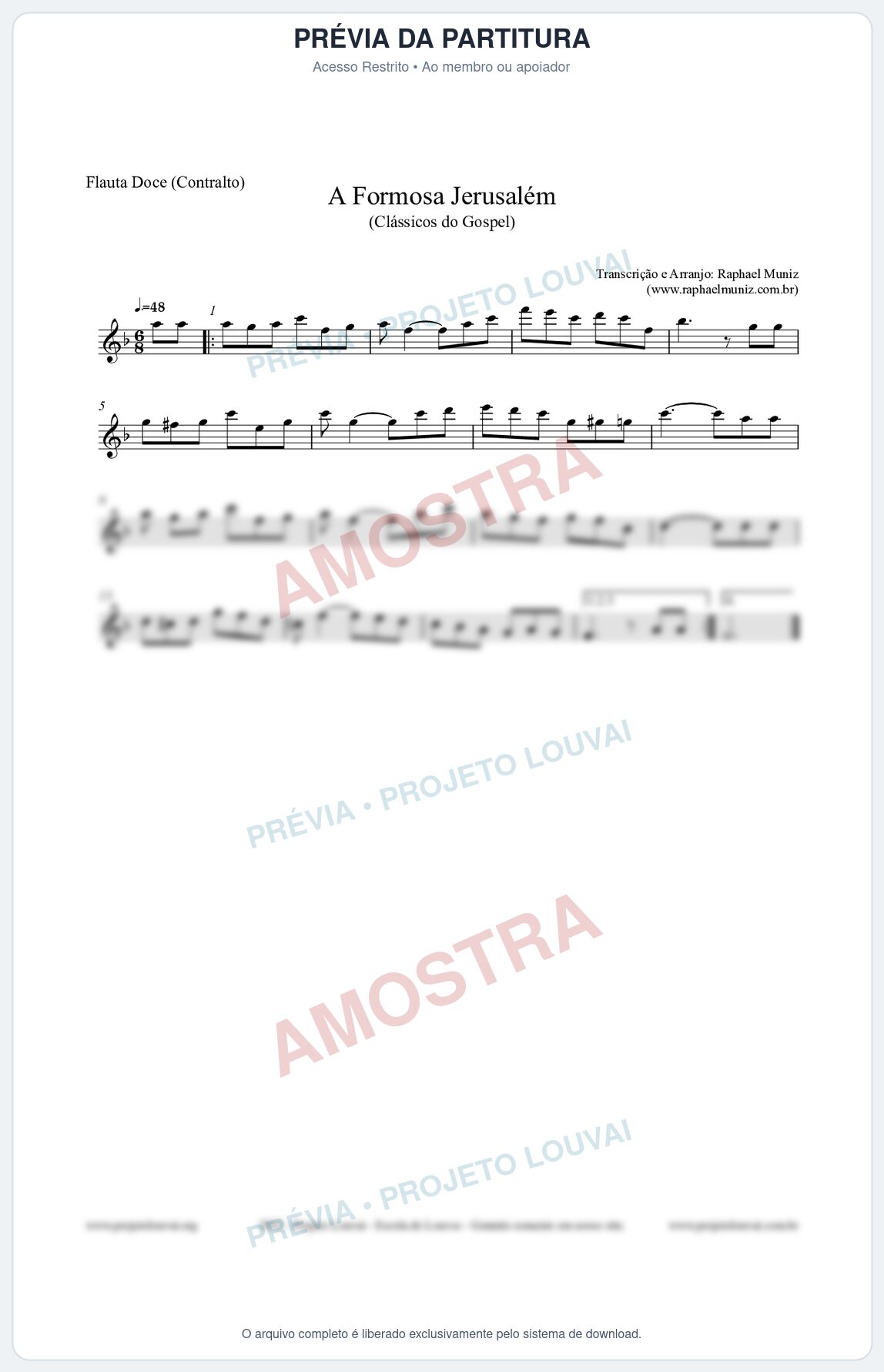Prévia protegida da primeira página da partitura Partitura para Flauta Doce (Contralto) - A Formosa Jerusalém - Harpa Cristã nº26 - Clássicos do Gospel