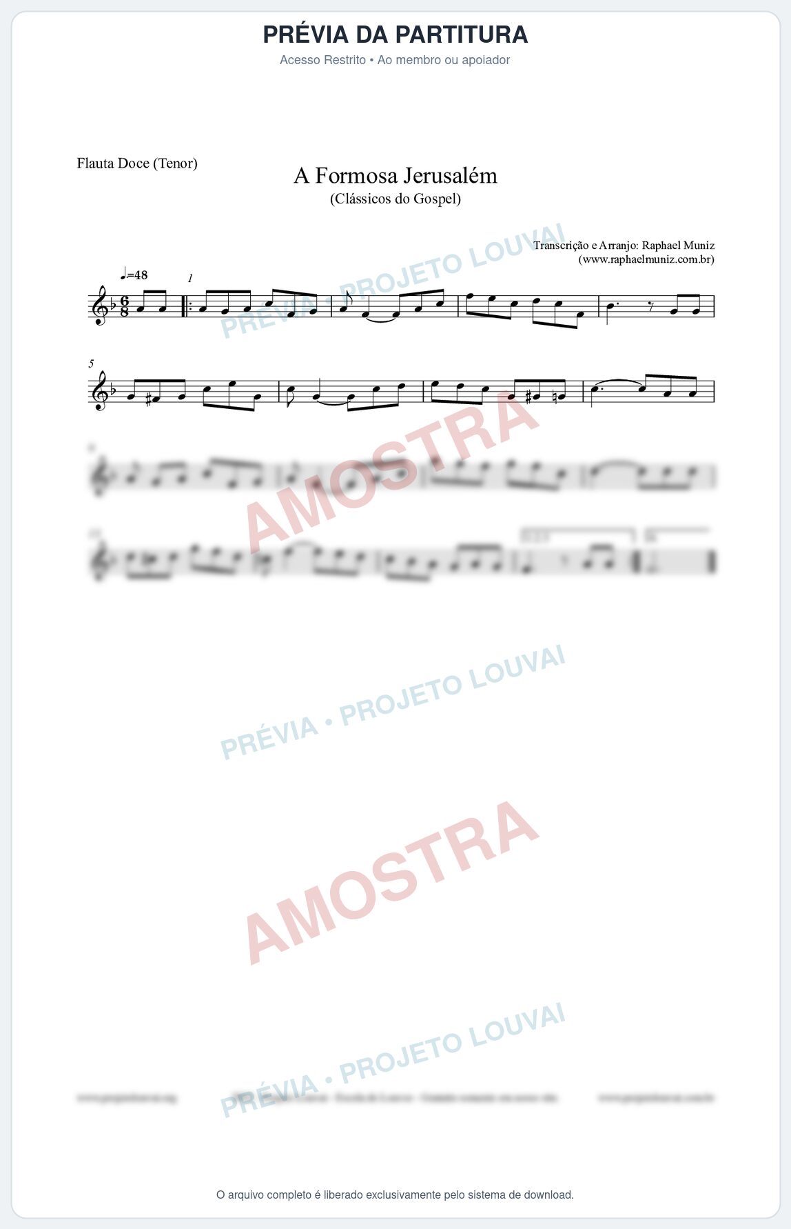 Prévia protegida da primeira página da partitura Partitura para Flauta Doce (Tenor) - A Formosa Jerusalém - Harpa Cristã nº26 - Clássicos do Gospel