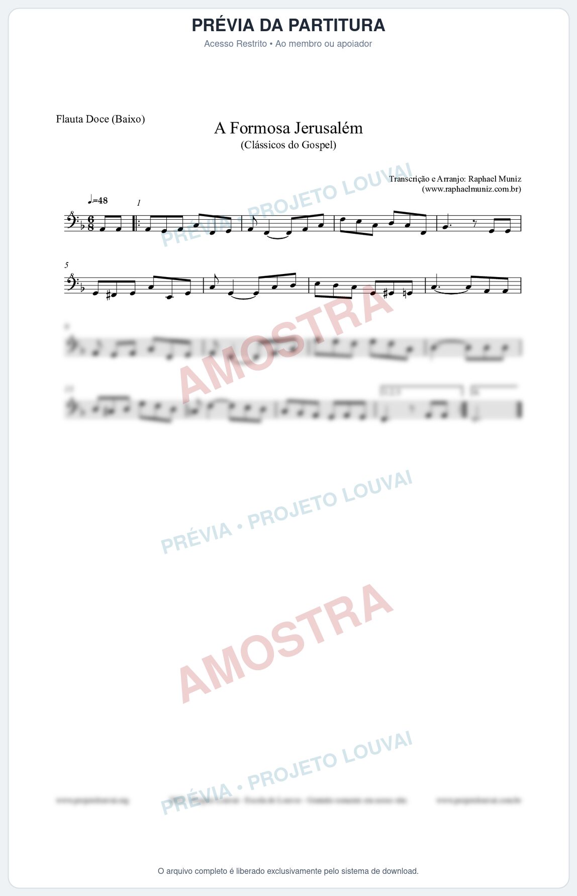 Prévia protegida da primeira página da partitura Partitura para Flauta Doce (Baixo) - A Formosa Jerusalém - Harpa Cristã nº26 - Clássicos do Gospel