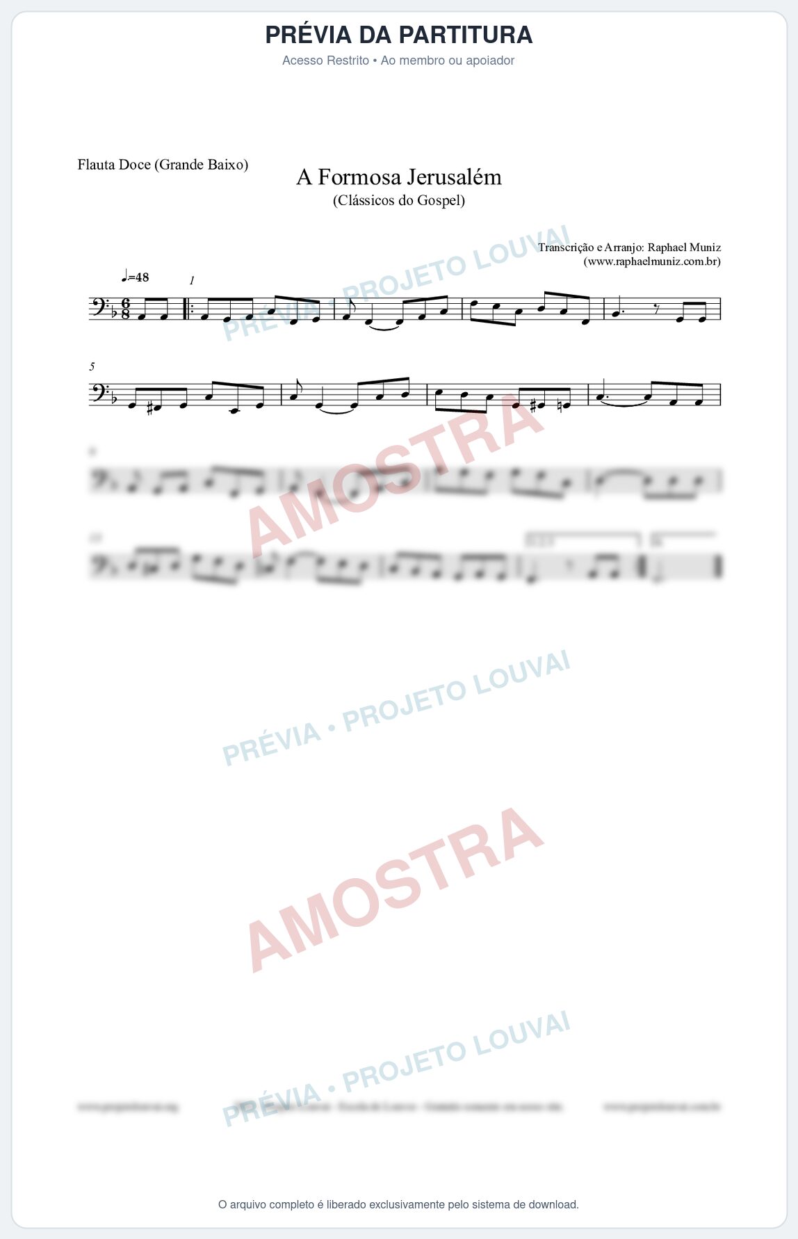 Prévia protegida da primeira página da partitura Partitura para Flauta Doce (Grande Baixo) - A Formosa Jerusalém - Harpa Cristã nº26 - Clássicos do Gospel