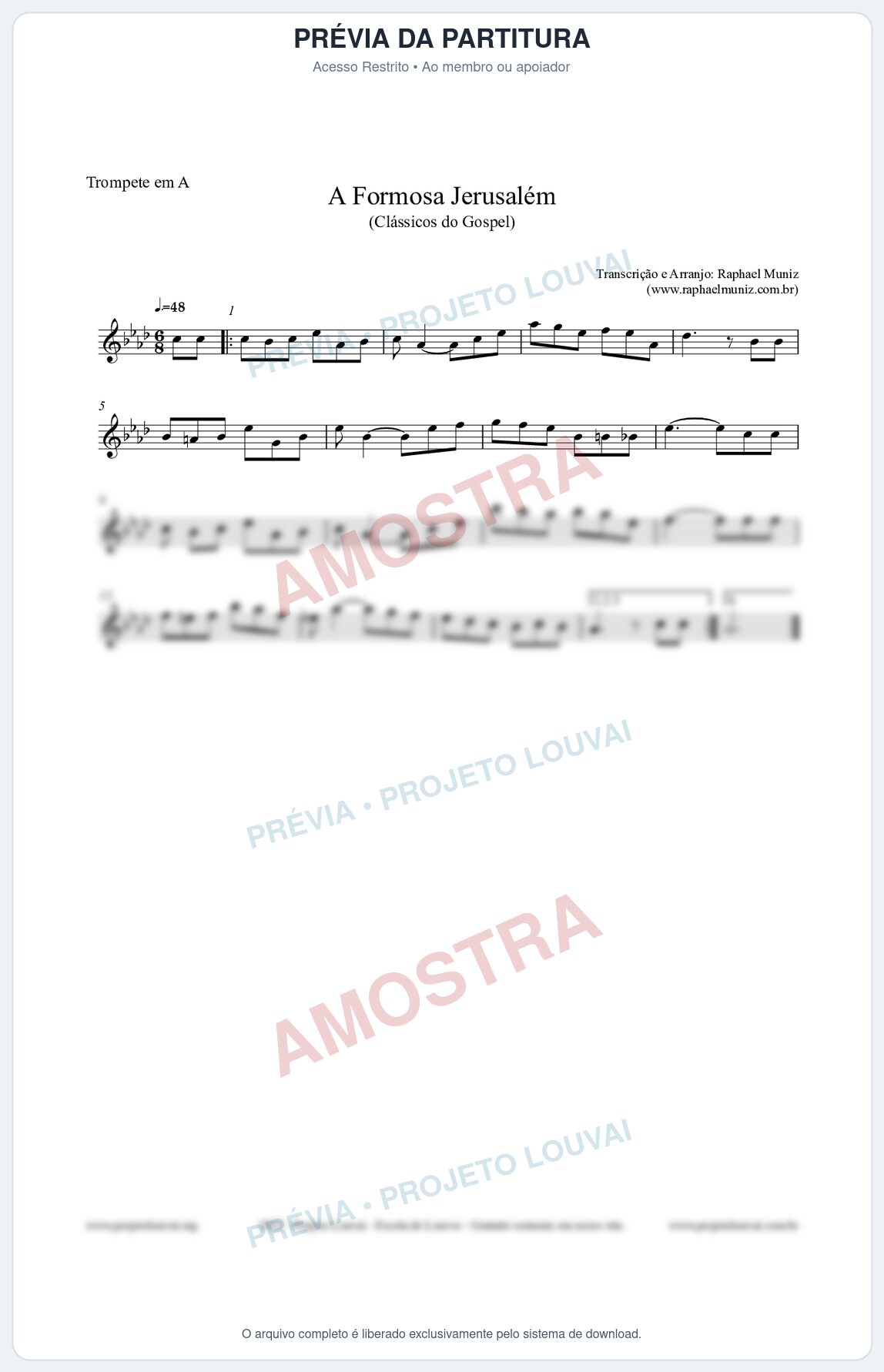 Prévia protegida da primeira página da partitura Partitura para Trompete em A - A Formosa Jerusalém - Harpa Cristã nº26 - Clássicos do Gospel