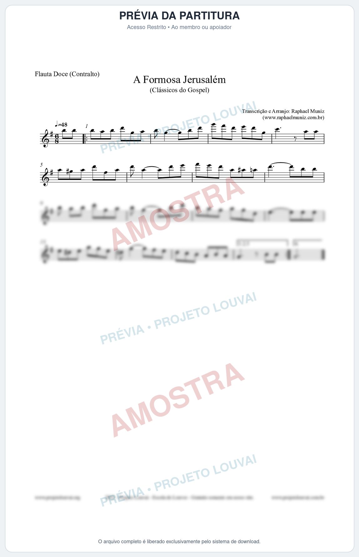 Prévia protegida da primeira página da partitura Partitura para Flauta Doce (Contralto) - A Formosa Jerusalém - Harpa Cristã nº26 - Clássicos do Gospel