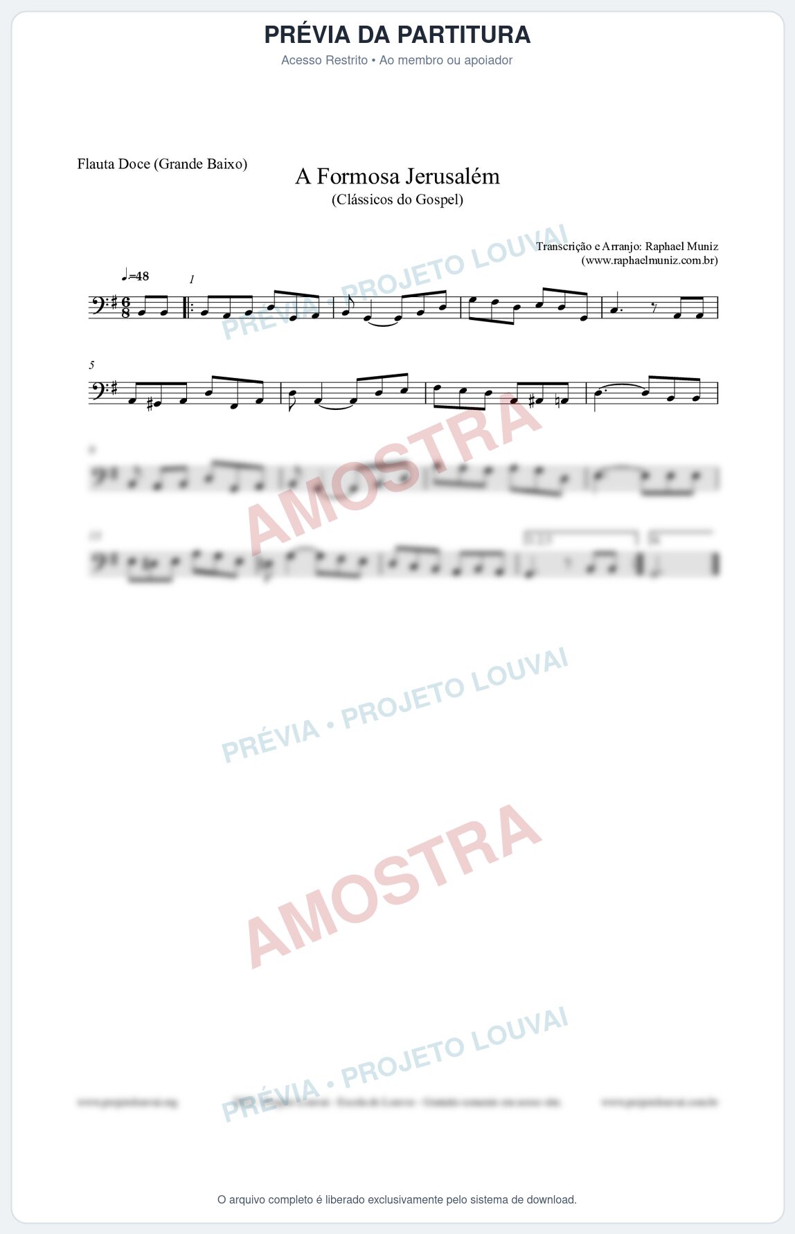 Prévia protegida da primeira página da partitura Partitura para Flauta Doce (Grande Baixo) - A Formosa Jerusalém - Harpa Cristã nº26 - Clássicos do Gospel