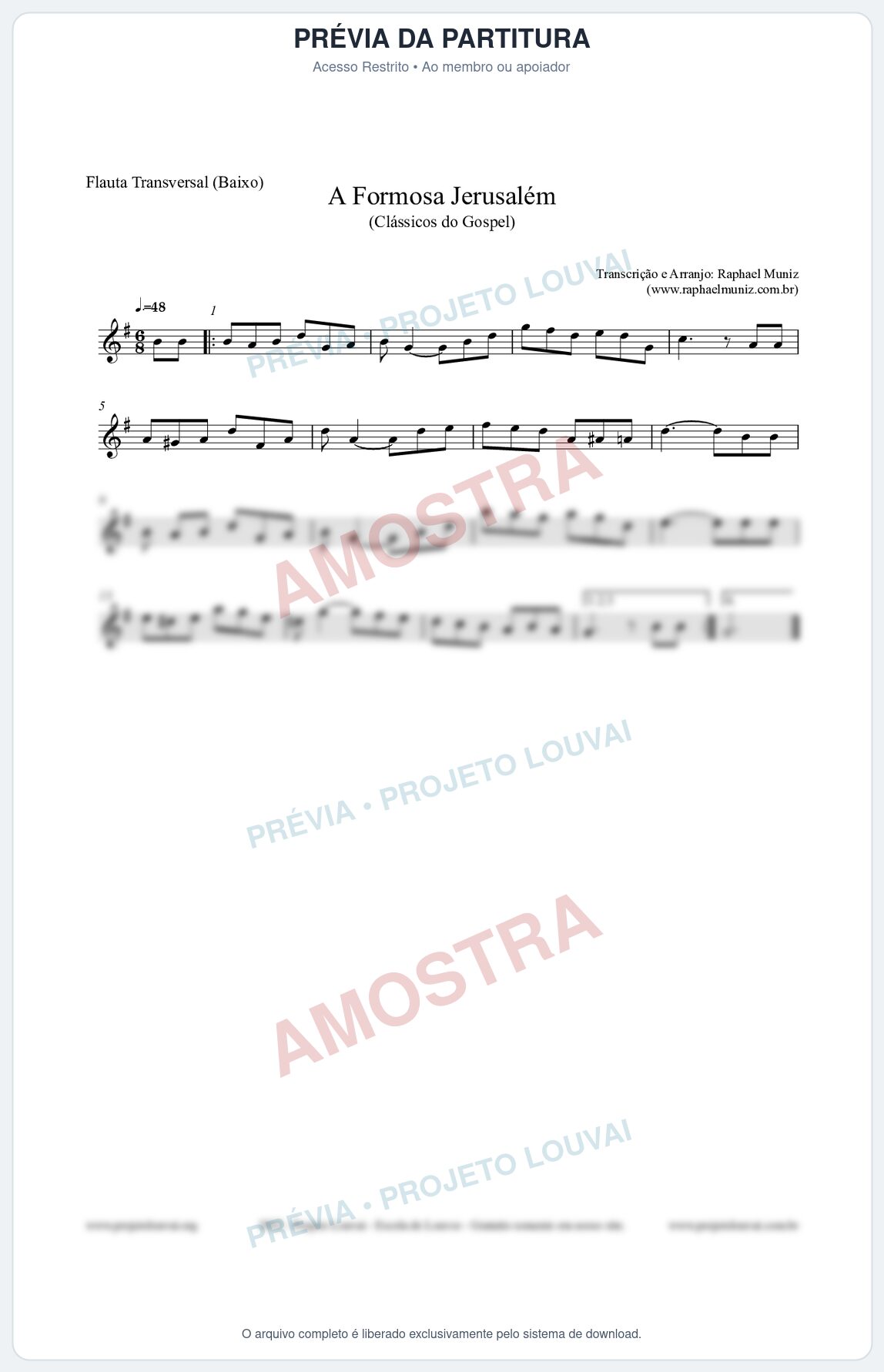 Prévia protegida da primeira página da partitura Partitura para Flauta Transversal (Baixo) - A Formosa Jerusalém - Harpa Cristã nº26 - Clássicos do Gospel