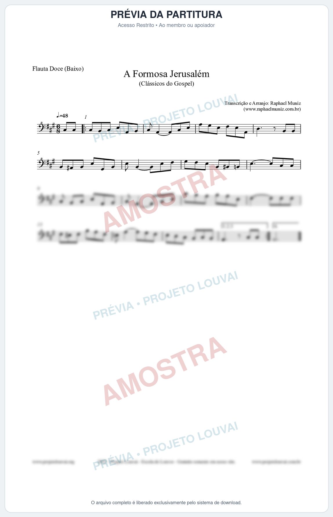 Prévia protegida da primeira página da partitura Partitura para Flauta Doce (Baixo) - A Formosa Jerusalém - Harpa Cristã nº26 - Clássicos do Gospel