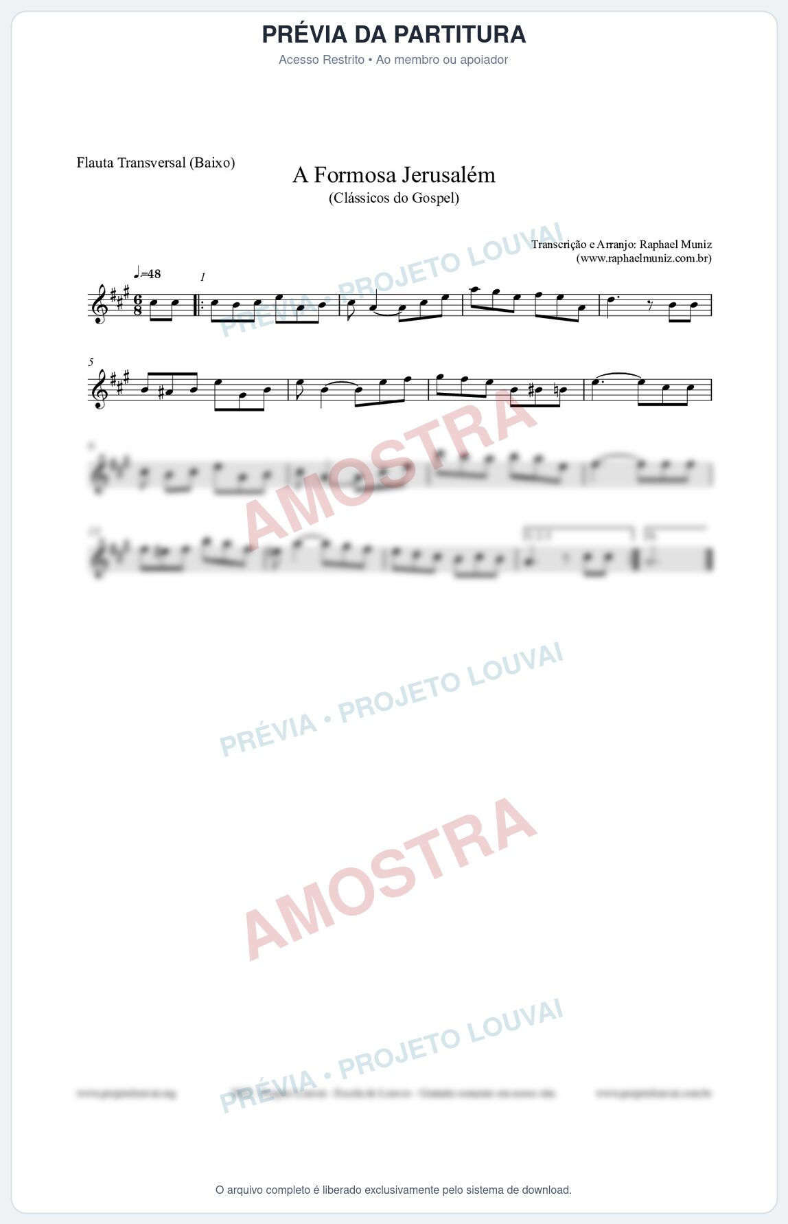 Prévia protegida da primeira página da partitura Partitura para Flauta Transversal (Baixo) - A Formosa Jerusalém - Harpa Cristã nº26 - Clássicos do Gospel