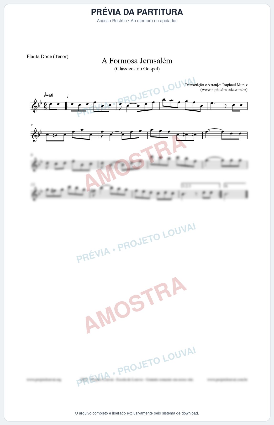 Prévia protegida da primeira página da partitura Partitura para Flauta Doce (Tenor) - A Formosa Jerusalém - Harpa Cristã nº26 - Clássicos do Gospel