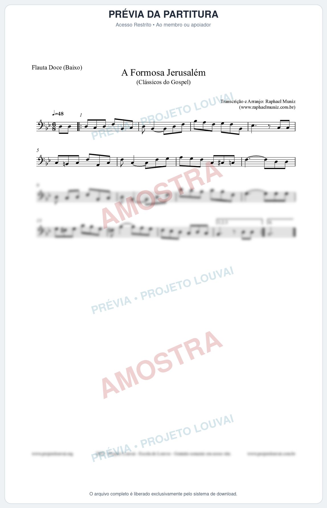 Prévia protegida da primeira página da partitura Partitura para Flauta Doce (Baixo) - A Formosa Jerusalém - Harpa Cristã nº26 - Clássicos do Gospel