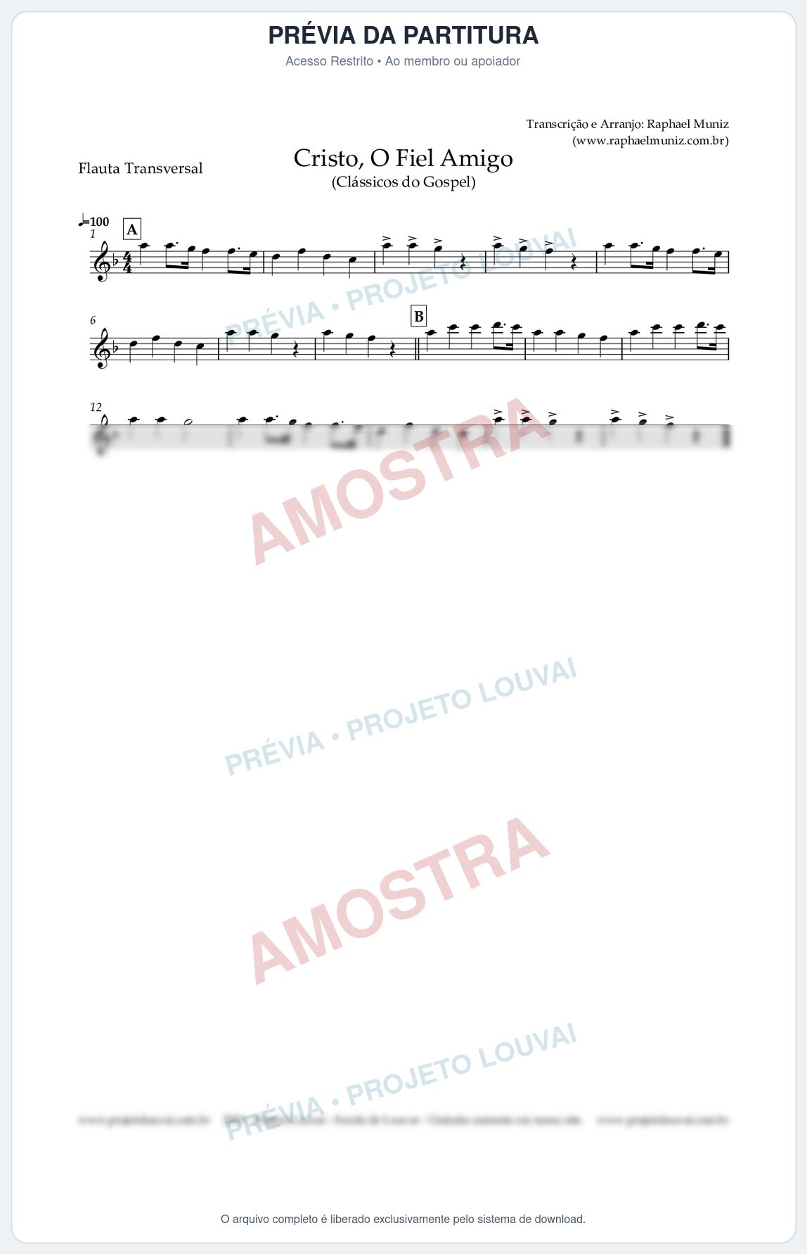 Prévia protegida da primeira página da partitura Partitura para Flauta Transversal - Cristo, O Fiel Amigo - Harpa Cristã nº8 - Clássicos do Gospel