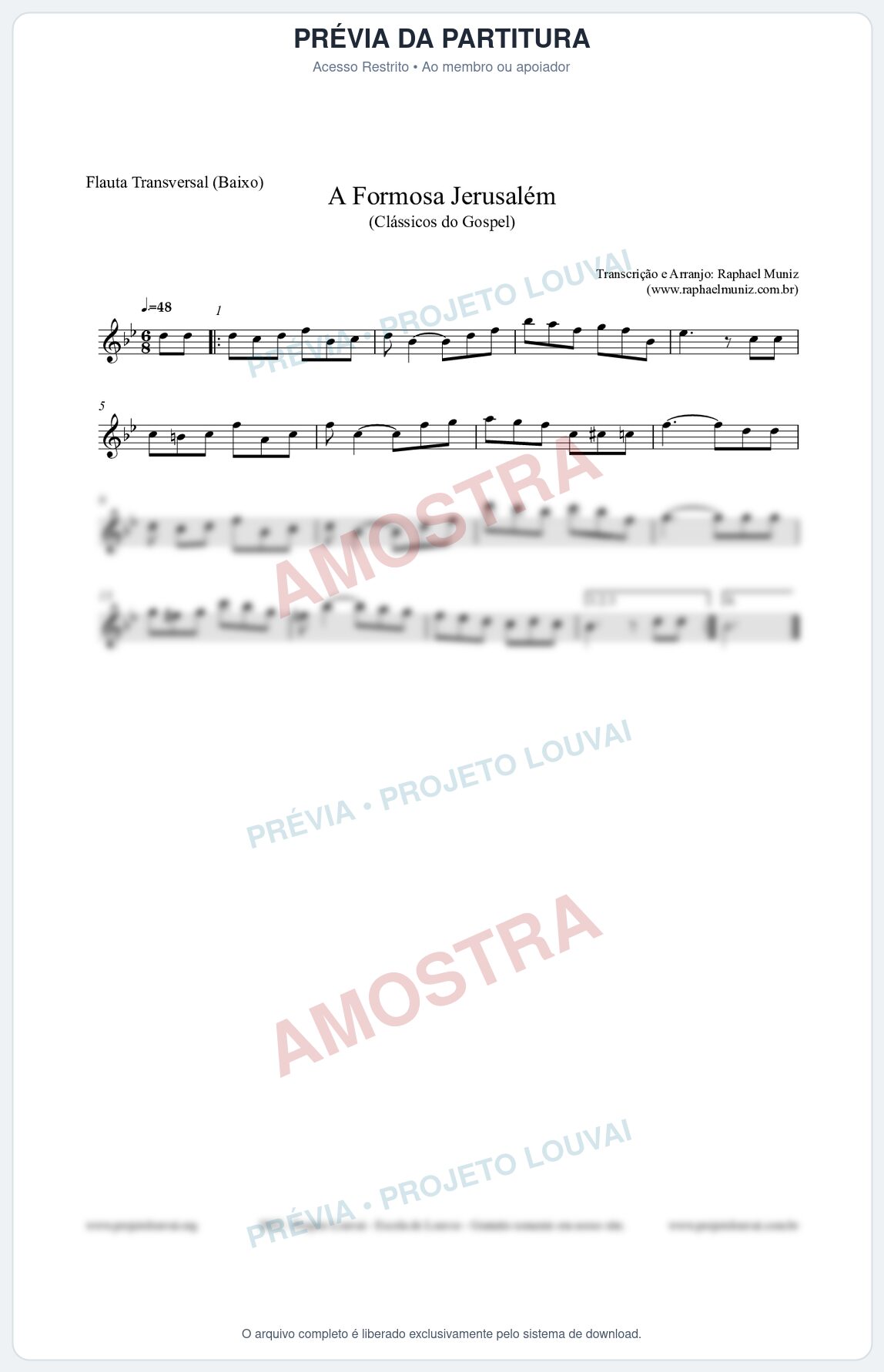 Prévia protegida da primeira página da partitura Partitura para Flauta Transversal (Baixo) - A Formosa Jerusalém - Harpa Cristã nº26 - Clássicos do Gospel