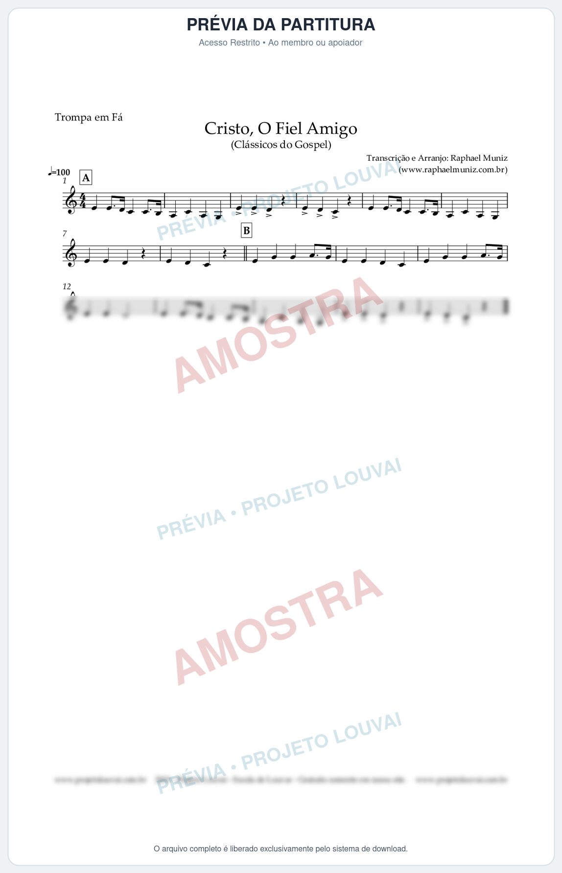 Prévia protegida da primeira página da partitura Partitura para Trompa em Fá - Cristo, O Fiel Amigo - Harpa Cristã nº8 - Clássicos do Gospel