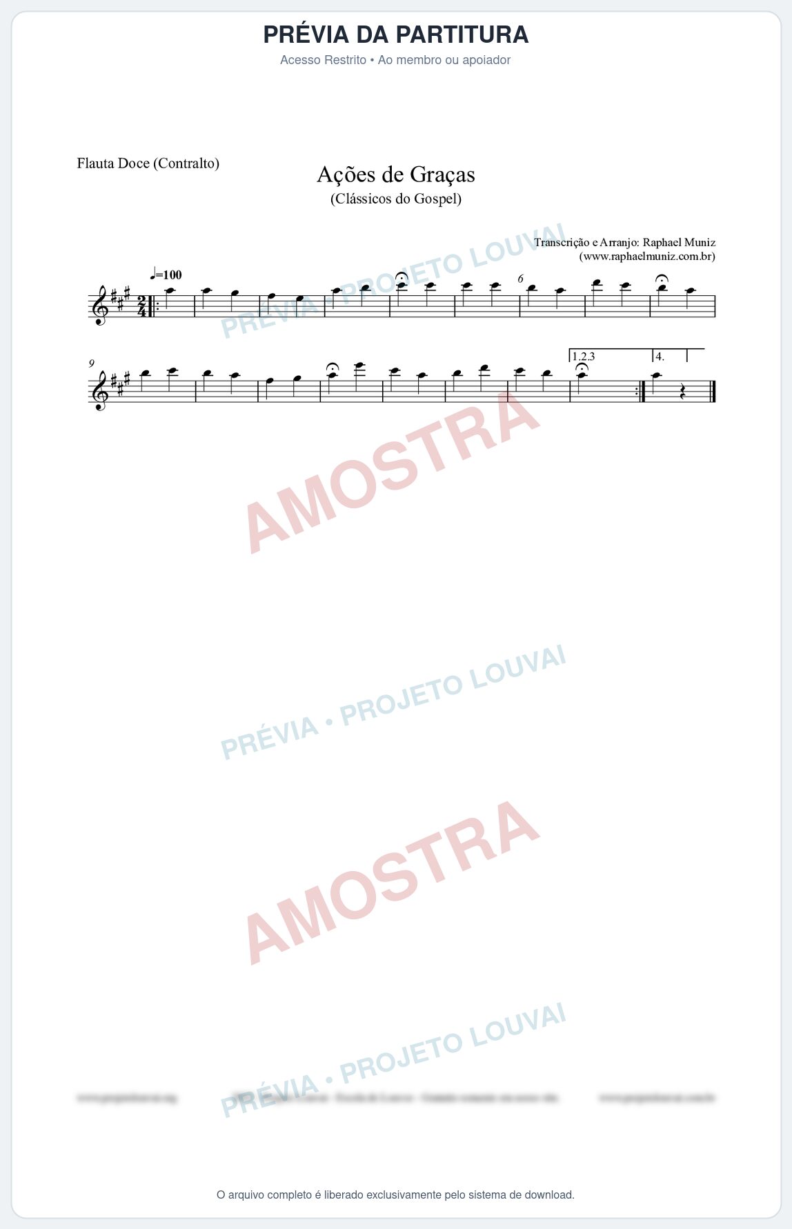 Prévia protegida da primeira página da partitura Partitura para Flauta Doce (Contralto) - Ações de Graças - Salmos e Hinos nº20 - Clássicos do Gospel