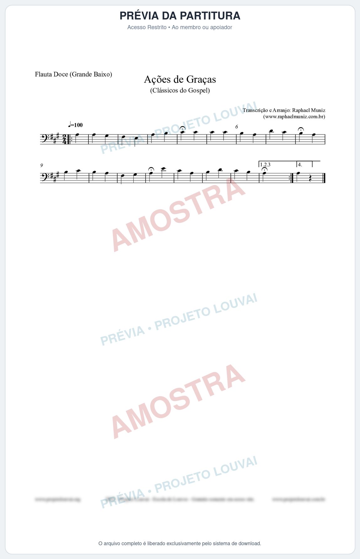 Prévia protegida da primeira página da partitura Partitura para Flauta Doce (Grande Baixo) - Ações de Graças - Salmos e Hinos nº20 - Clássicos do Gospel