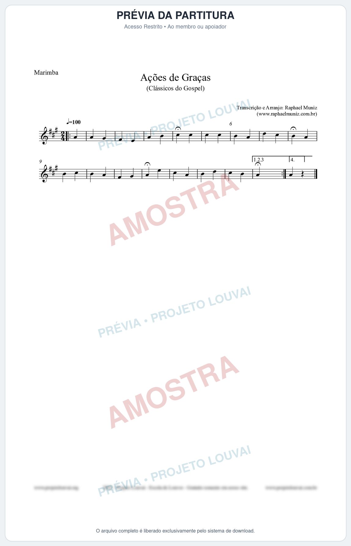 Prévia protegida da primeira página da partitura Partitura para Marimba - Ações de Graças - Salmos e Hinos nº20 - Clássicos do Gospel