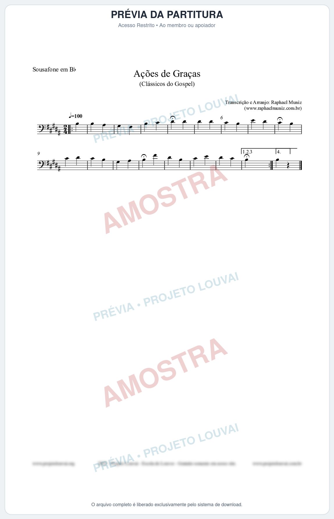 Prévia protegida da primeira página da partitura Partitura para Sousafone em Bb - Ações de Graças - Salmos e Hinos nº20 - Clássicos do Gospel