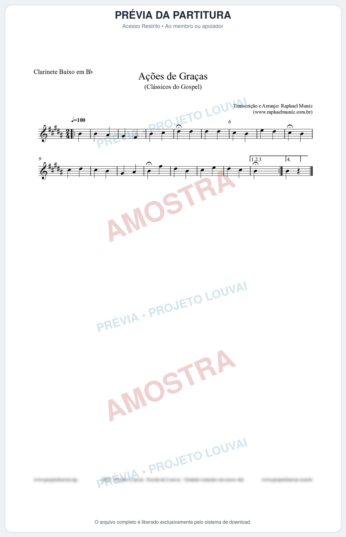 Prévia protegida da primeira página da partitura Partitura para Clarinete Baixo em Bb - Ações de Graças - Salmos e Hinos nº20 - Clássicos do Gospel