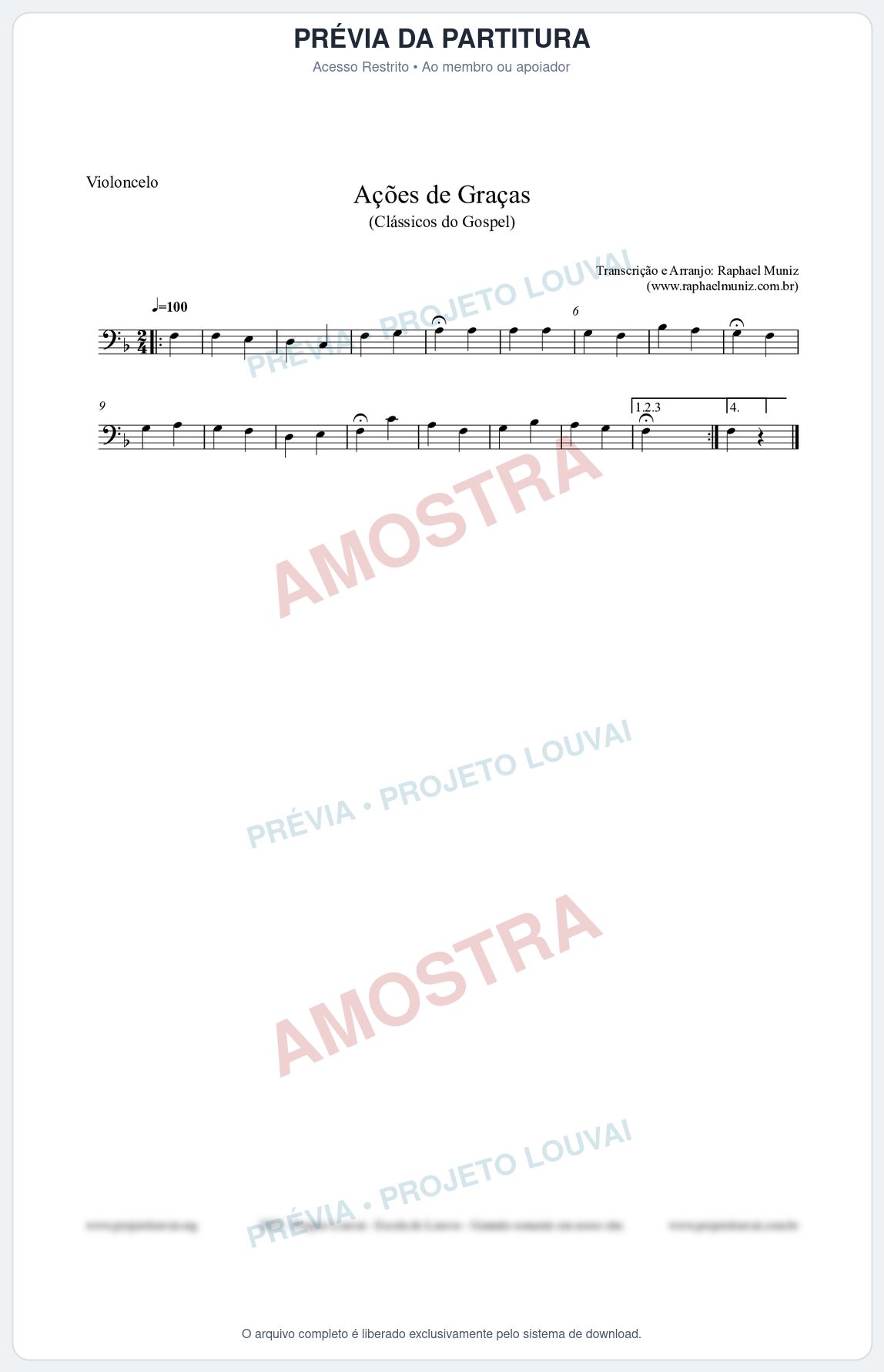 Prévia protegida da primeira página da partitura Partitura para Violoncelo - Ações de Graças - Salmos e Hinos nº20 - Clássicos do Gospel
