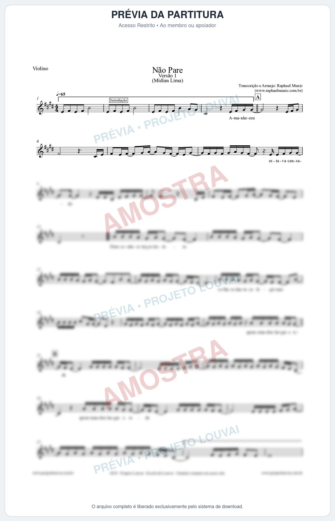 Prévia protegida da primeira página da partitura Partitura para Violino - Não Pare - Midian Lima