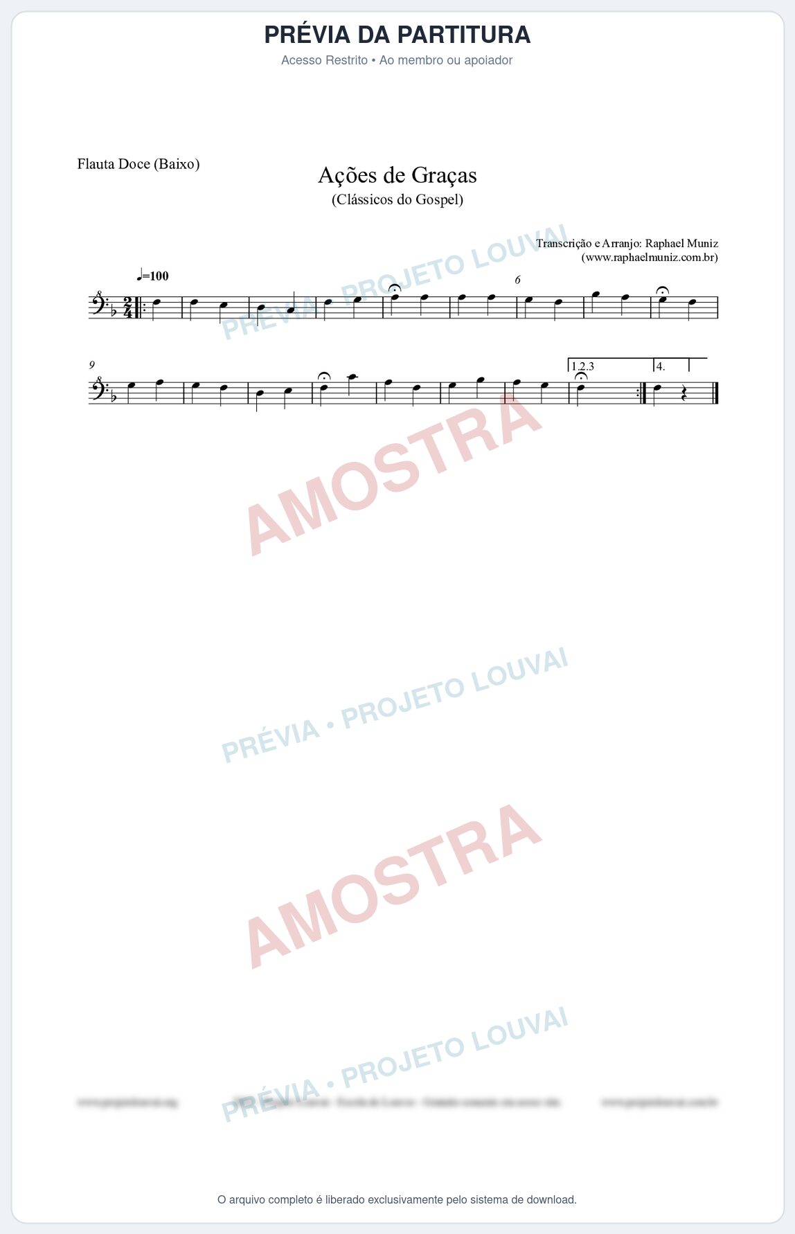 Prévia protegida da primeira página da partitura Partitura para Flauta Doce (Baixo) - Ações de Graças - Salmos e Hinos nº20 - Clássicos do Gospel