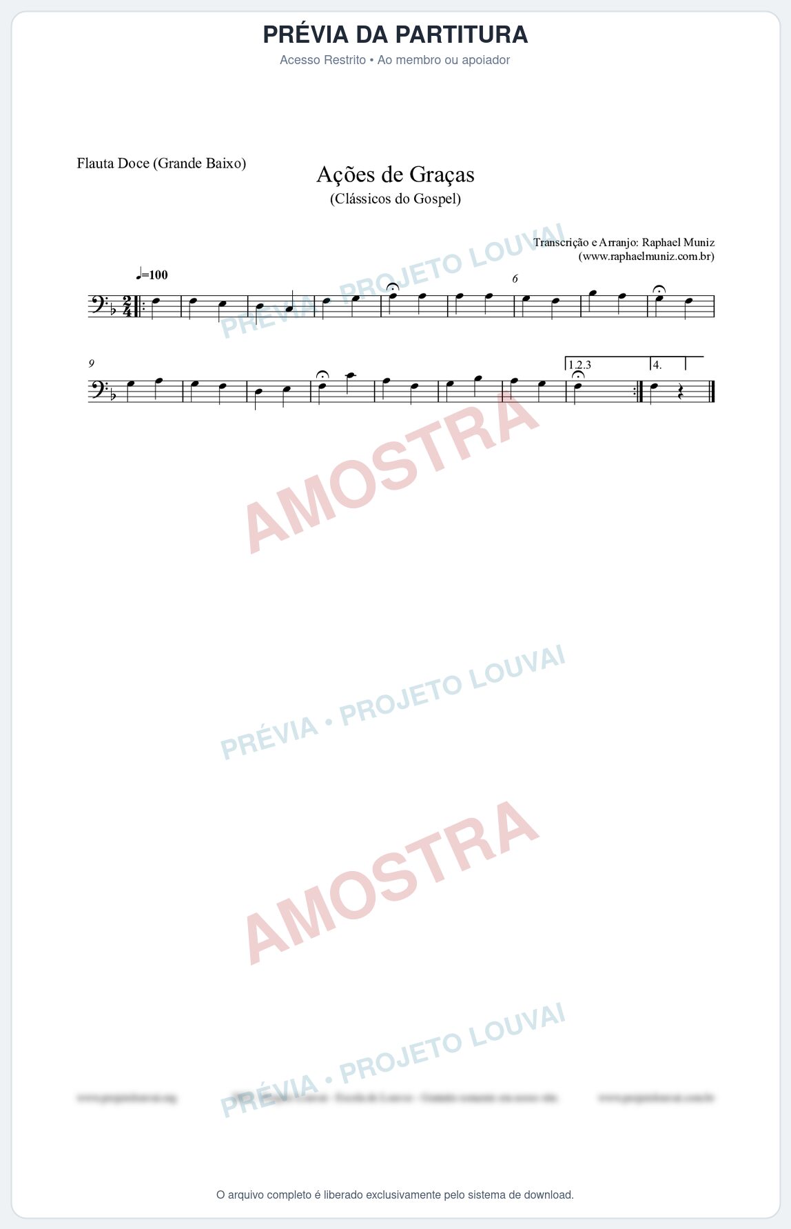 Prévia protegida da primeira página da partitura Partitura para Flauta Doce (Grande Baixo) - Ações de Graças - Salmos e Hinos nº20 - Clássicos do Gospel