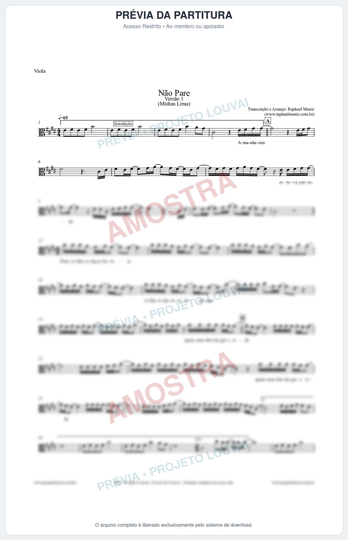 Prévia protegida da primeira página da partitura Partitura para Viola - Não Pare - Midian Lima
