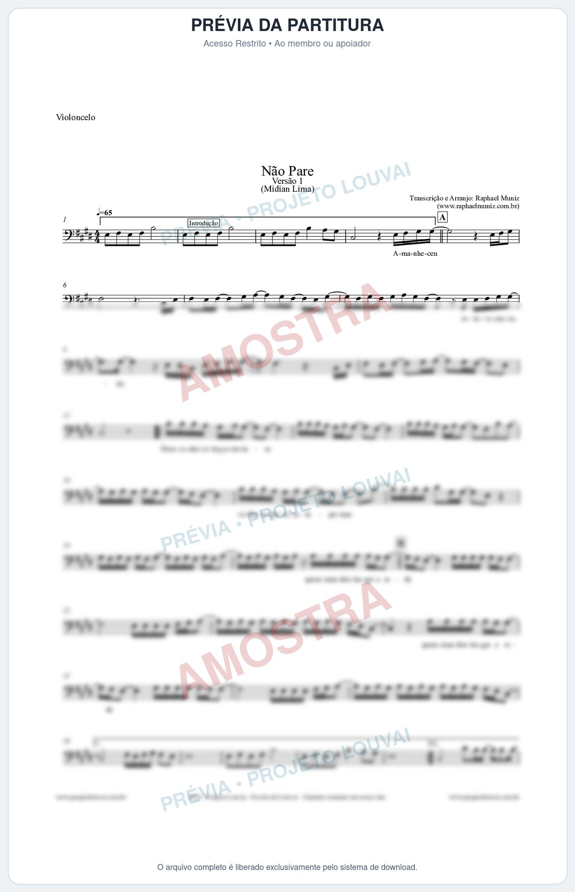 Prévia protegida da primeira página da partitura Partitura para Violoncelo - Não Pare - Midian Lima