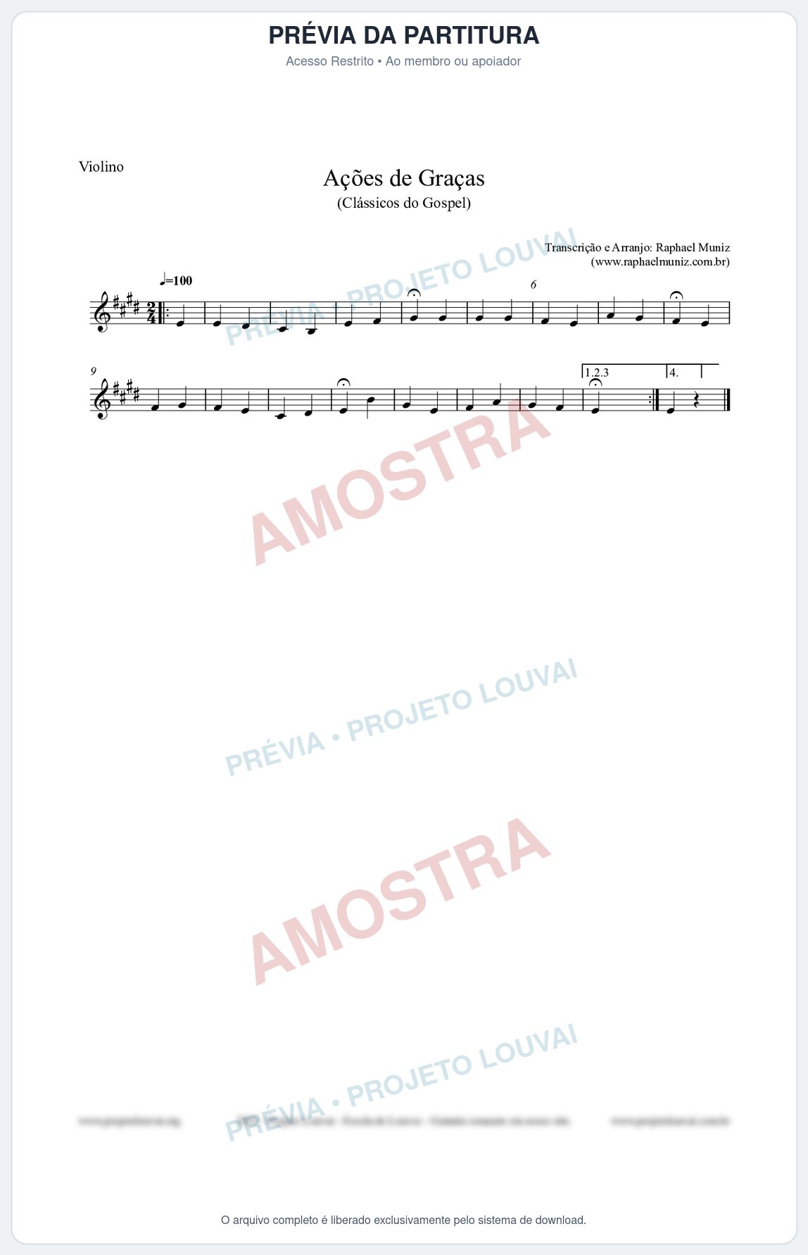 Prévia protegida da primeira página da partitura Partitura para Violino - Ações de Graças - Salmos e Hinos nº20 - Clássicos do Gospel