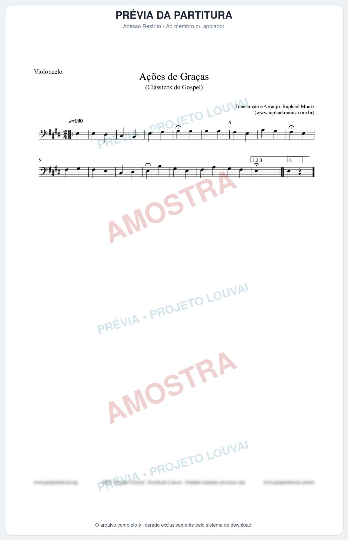 Prévia protegida da primeira página da partitura Partitura para Violoncelo - Ações de Graças - Salmos e Hinos nº20 - Clássicos do Gospel