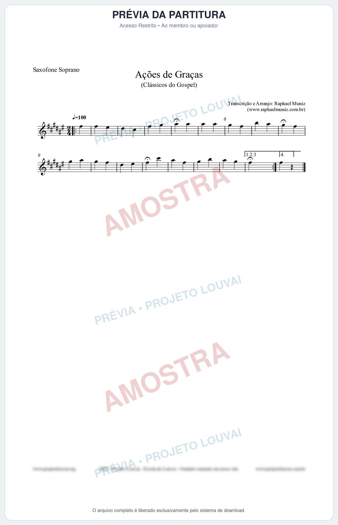 Prévia protegida da primeira página da partitura Partitura para Saxofone Soprano - Ações de Graças - Salmos e Hinos nº20 - Clássicos do Gospel