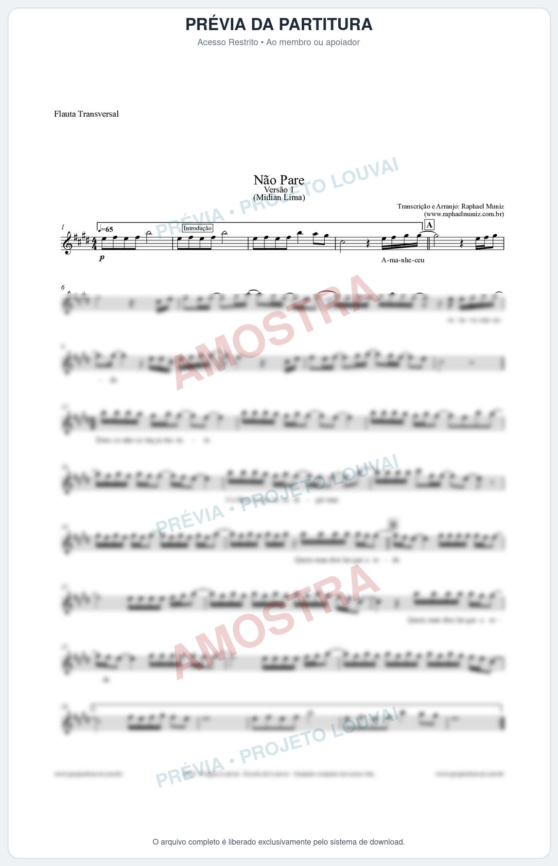 Prévia protegida da primeira página da partitura Partitura para Flauta Transversal - Não Pare - Midian Lima