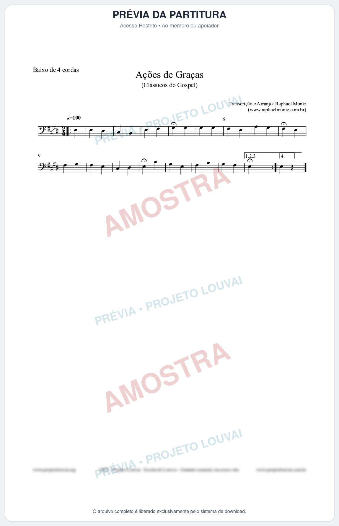 Prévia protegida da primeira página da partitura Partitura para Baixo de 4 cordas - Ações de Graças - Salmos e Hinos nº20 - Clássicos do Gospel