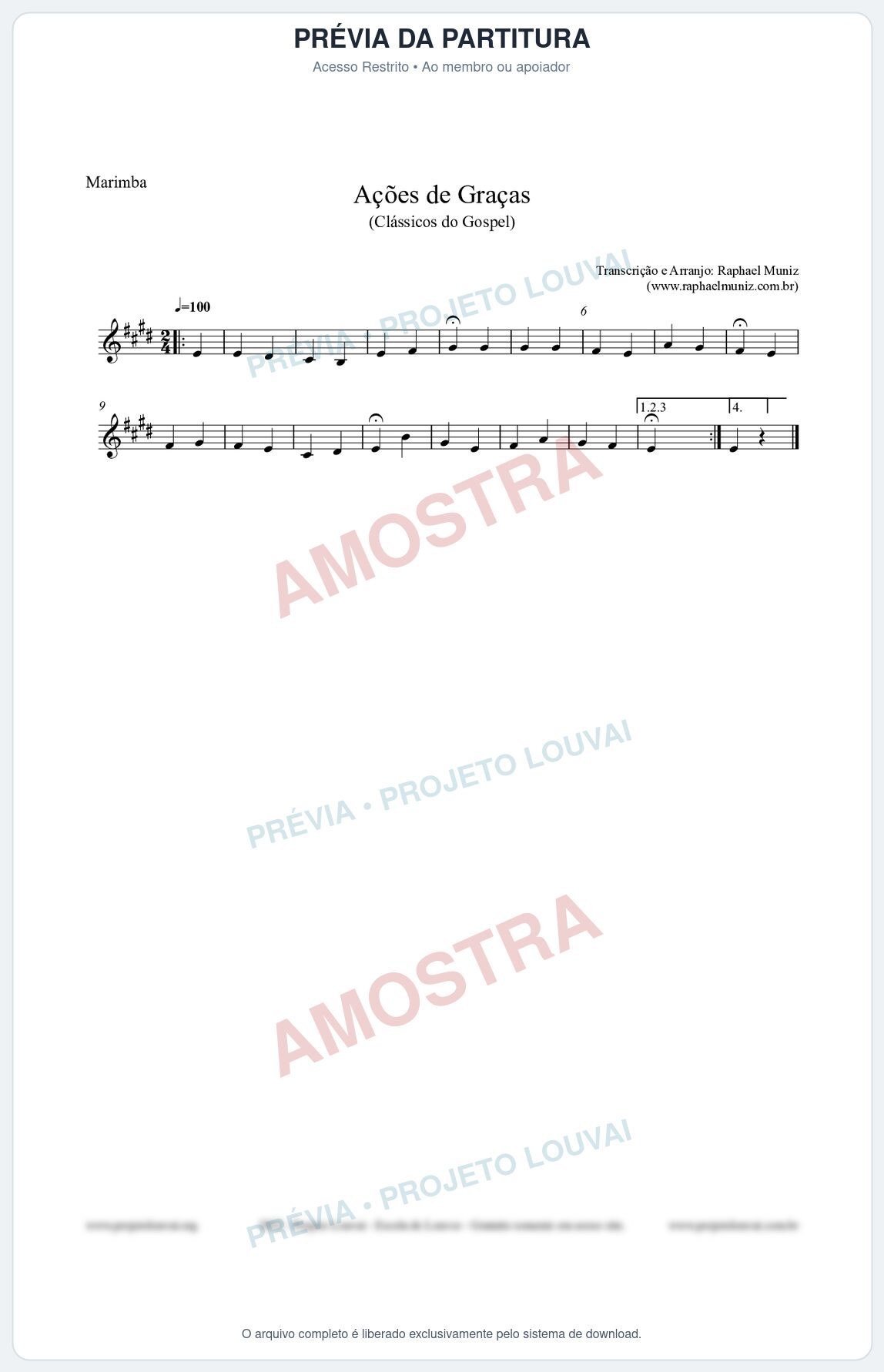 Prévia protegida da primeira página da partitura Partitura para Marimba - Ações de Graças - Salmos e Hinos nº20 - Clássicos do Gospel