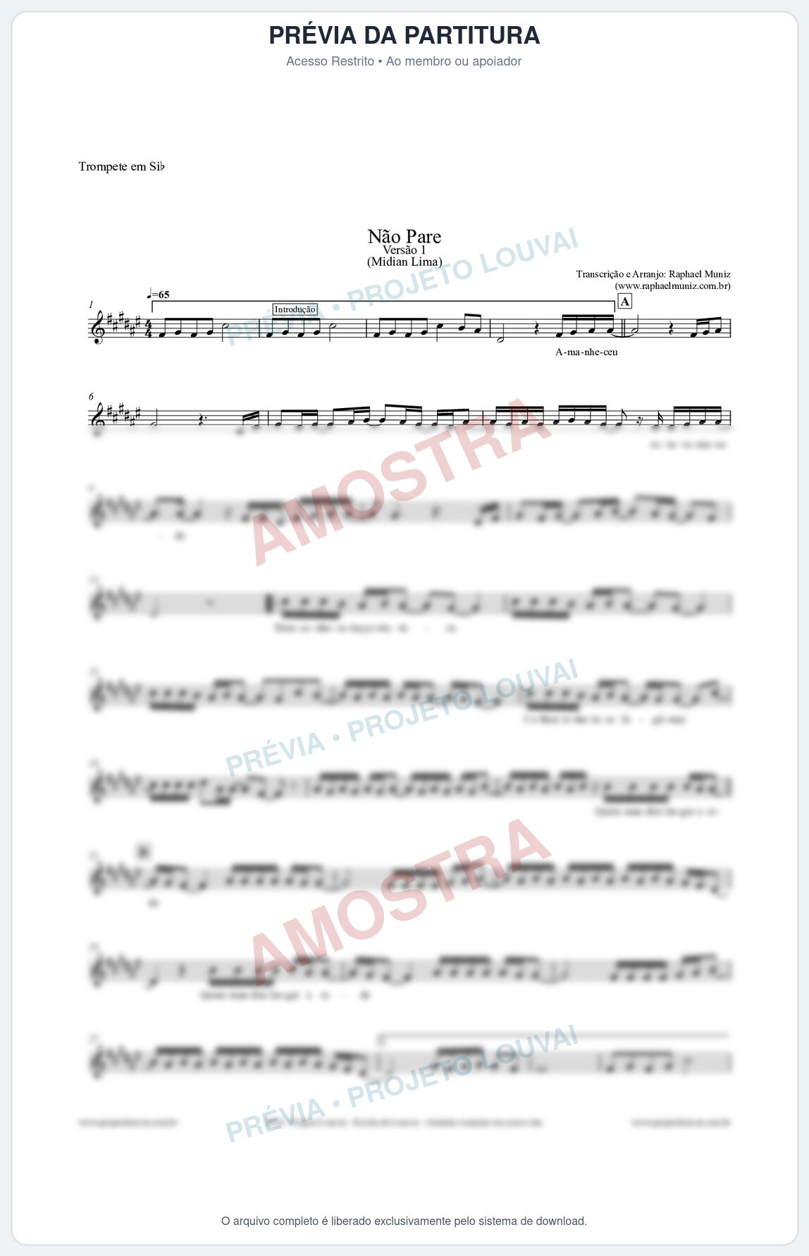 Prévia protegida da primeira página da partitura Partitura para Trompete em Bb - Não Pare - Midian Lima